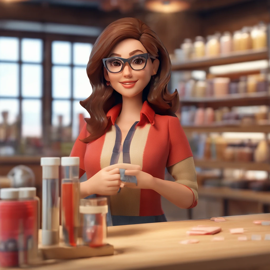 create a 3d image of a woman with shoulder-length brown hair, brown eyes, red-framed glasses working in an artisanal soap shop