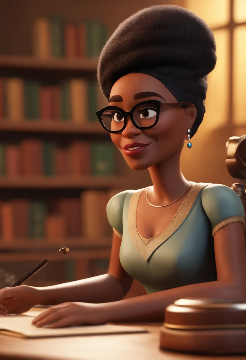 Pixar style image with 3D character, a light black woman with glasses and a dress outfit, she is a lawyer and is well dressed in the background, a law office with bookshelf and books with depth, bem bonito faca os ajustes que julgar necessario para melhor estetica ela tem cabelo cacheado medio volume cachos soltos castanhos mulher empoderada, Anos Imane, andrea rocha, inspired by Antonín Chittussi, Ameera africana Al Taweel, Magalie Villeneuve, imagem profissional, simone graci, imagem profissional, imagem de perfil, imagem de alta qualidade, Alanis Guillen, inspirado em Araceli Gilbert Maquiagem Disney,Pescador, bonitinho, sorridente ,Close-up, Pixar, Disney, Cinema lighting,