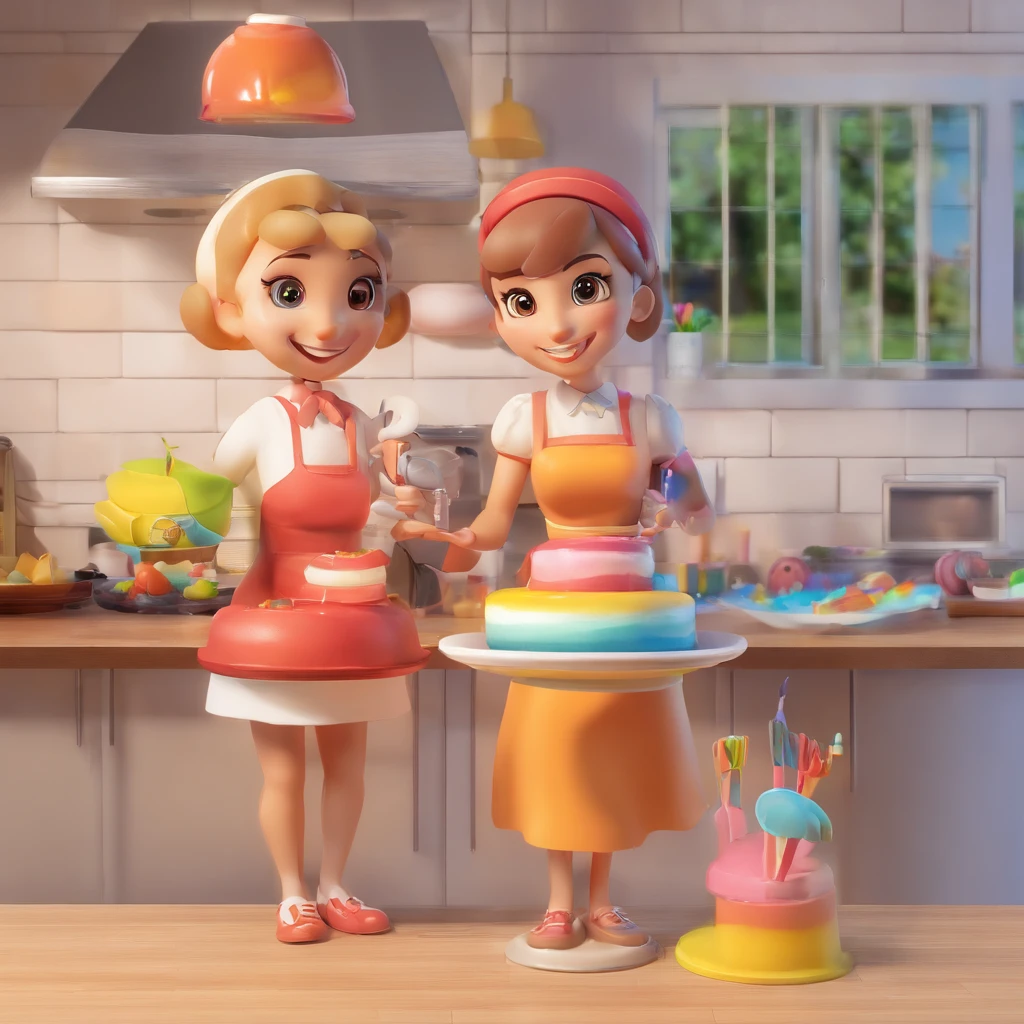 Mulher de cor parda , de cabelos lisos loiro channel com 39 anos de idade,magra, olhos grandes castanhos, rosto fino . You're in your kitchen making birthday cakes.