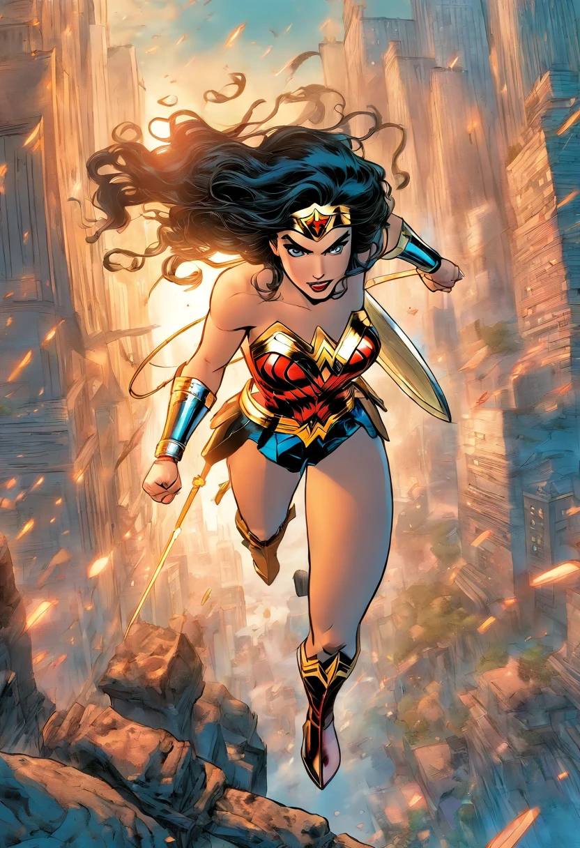 wonder wonder woman with sword and armor in front of a city, wonder woman, zenescope, beautiful comic art, frank cho, by Mark Brooks, david finch, dwayne johnson as wonder woman, by Jim Lee, by Ignacio Zuloaga, inspired by Jim Lee, dc comics art style, jason fabok, gal gadot as hell lord