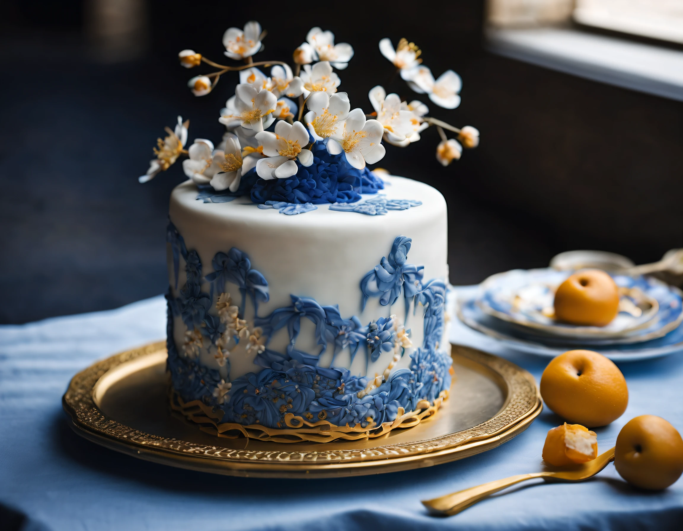 (Cake on a plate) ,Blue and white design, cake art, Blue, White and gold, Jelly cake, Blue and white clothes, The edge of the cake,Complex pastry-making techniques,Delicate lace loops were made,Mostly golden yellow and red,It is inlaid with a variety of small but delicate cherry blossoms,Add rich color and texture to cakes,At the same time, It also symbolizes China's prosperity and abundance。chinese blue and white porcelain, Cake sculpture
Add a little background: Dark blue,close up photograph,Photography,a beautiful painting by Tan Yin,Alphonse Mucha,(Ukiyo-e art),Masterpiece,Chinese painting,dripping paint,author:nobuyoshi araki, author:paul barson,Mellow Atmosphere,Calm atmosphere,Depth of field (degrees of freedom),Close up,gentle illumination, --AR 9:16 --style raw --upbeta3D rendering