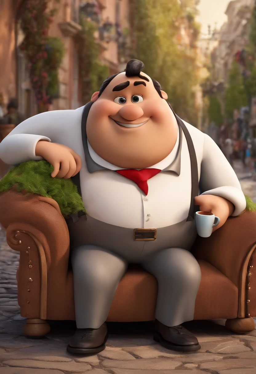 create a Disney-style Pixar movie poster of a tall, slightly fat man in a suit and tie posing for a photo, looking like David Rios Ferreira, Arauto Ortega, victor maristane, Andres Rios, Eloy Morales, Salustiano Garcia Cruz, Jose Miguel Romano Francisca, juan diaz canales, ignacio fernandez rios, ignacio fernandez rios, luiz escanuela, are sitting drinking coffee where in the background is a city with a wide avenue and behind a square with several trees