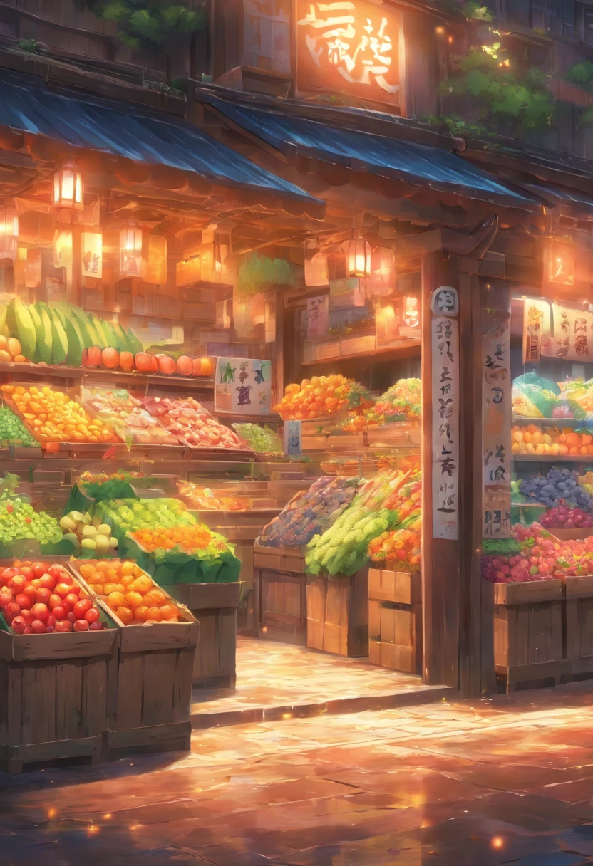 façade, front, outdoor, fruit market novel style, renpy, large environment, no people, single location, anime, scenery, horizontal view