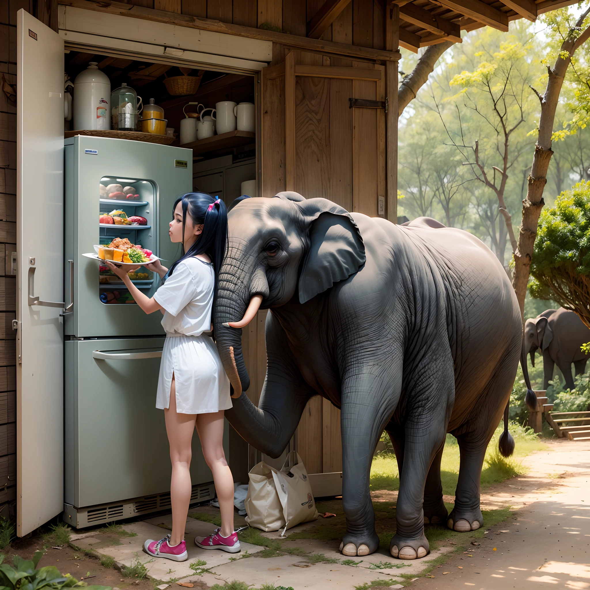 An elephant and a girl, eating food from a refrigerator. --auto --s2