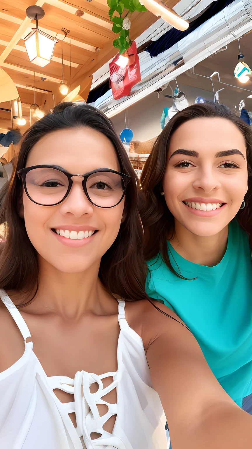 Two women are taking a selfie in a store with ceiling fan, both smiling for the camera, Fotografia selfie 8k, Foto POV, vacation photo, childhood friend vibes, imagem de qualidade muito baixa, foto do snapchat, no watermarks, instagram story, 🦩🪐🐞👩🏻🦳, non blurry, suave em _ O pano de fundo