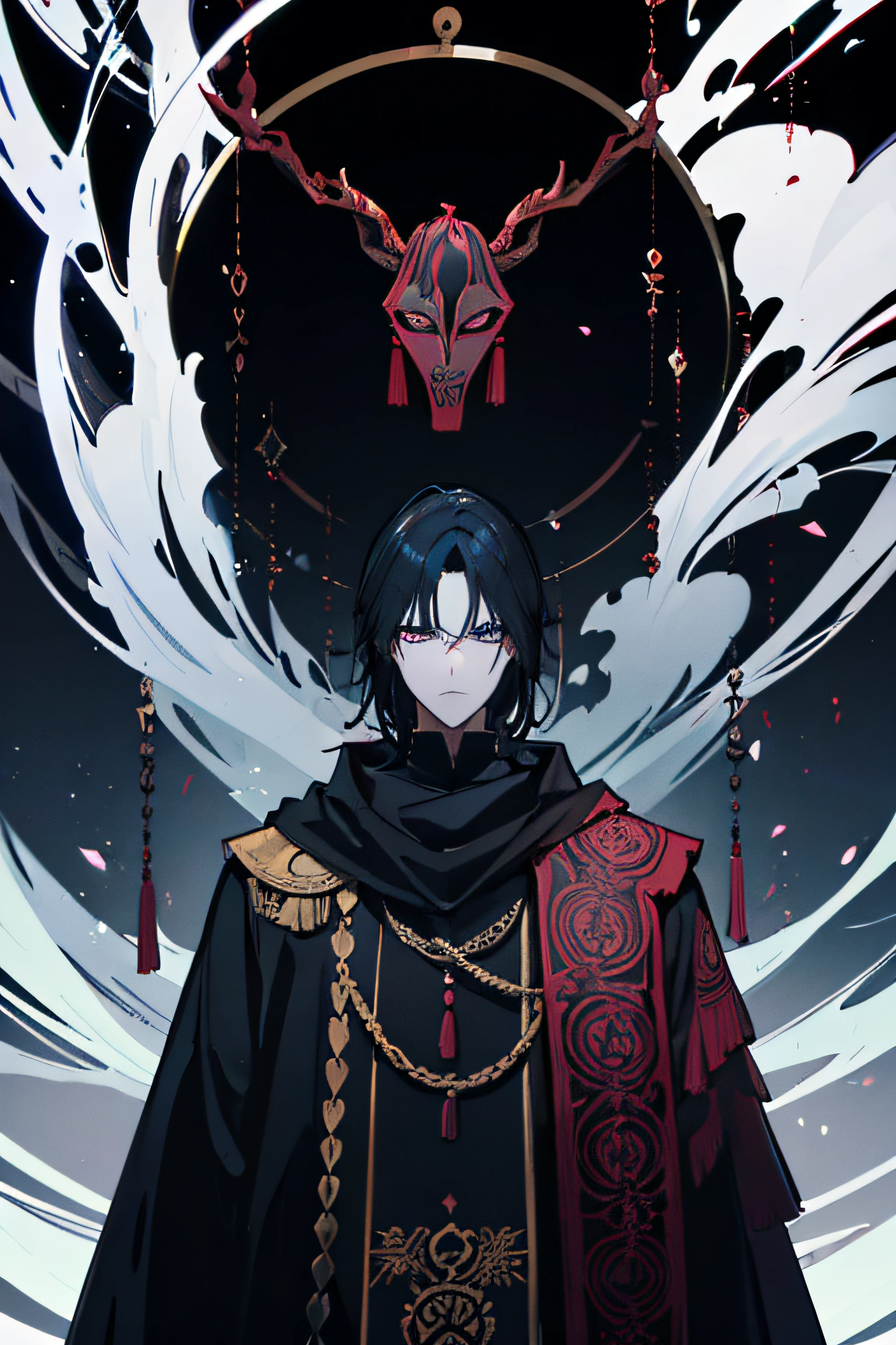 Tsukiyami is a young man, of medium height and imposing physical constitution. Her appearance reflects an aura of authority and charisma, What Makes You a Compelling Leader. He is often seen wearing dark, ornate clothing, suitable for sinister rituals and obscure ceremonies.
The most distinctive part of his appearance is the ritualistic mask he wears. The mask is carved in the shape of a deer, com chifres retorcidos que se erguem para cima. It is made of dark wood and is adorned with mysterious symbols and intricate carvings. The mask covers much of Tsukiyami's face, leaving only your eyes visible through slits.
Tsukiyami's eyes are piercing and intense, with irises that seem to trap light in a disturbing glow. They reflect a fanatical determination and a deep conviction in their dark beliefs. Their eyes are often described as hypnotic, capazes de cativar e convencer seus seguidores.
Tsukiyami also carries with him a sinister presence and an aura of mystery, que o tornam uma figura dominadora e aterrorizante na narrativa. His appearance is a combination of dark and mysterious elements that help him maintain his grip on the sect and inspire devotion among his followers.