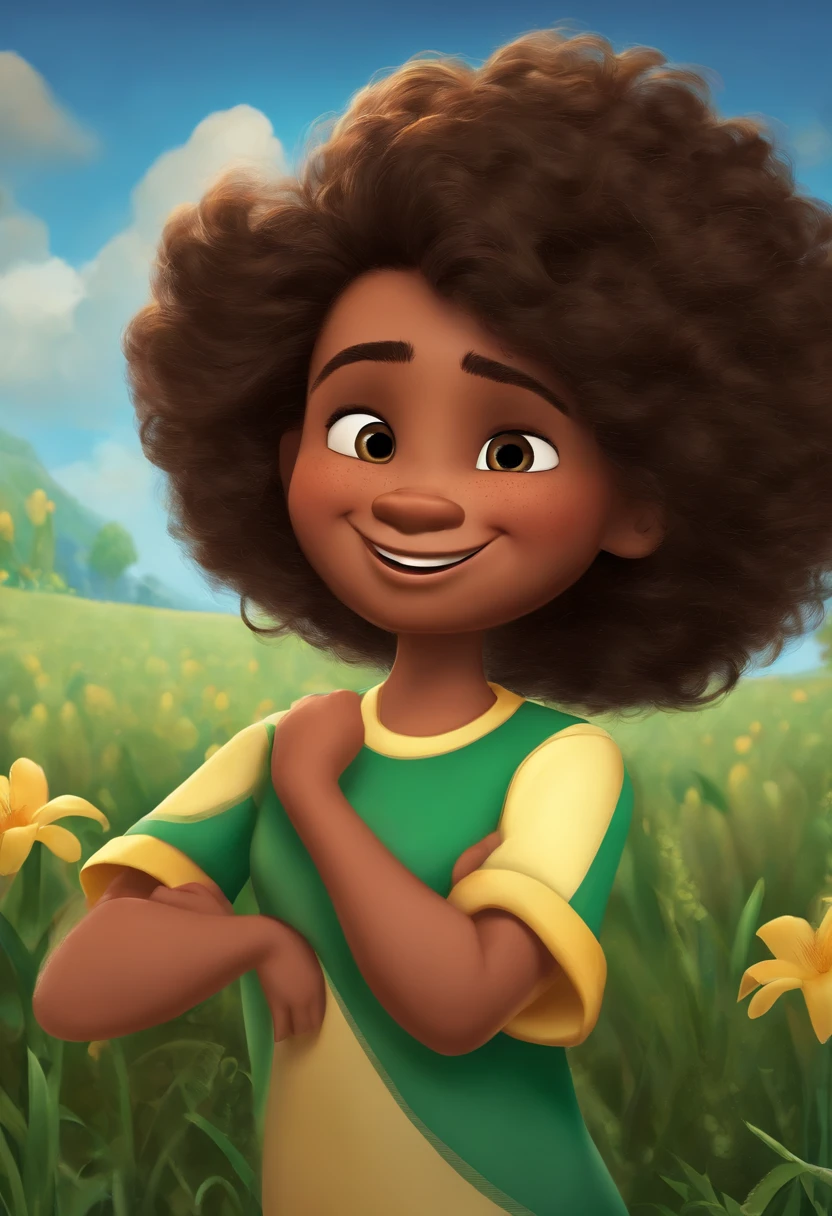 Garoto, estilo disney, tom de pele: branca: Cabelo: marrom escuro, ondulado e volumoso. camisa: do palmeiras. Fundo: Campo de futebol, sorrindo, feliz, (estilo pixar).