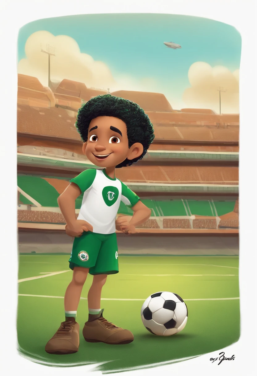 Garoto, estilo disney, tom de pele: branca: Cabelo: marrom escuro, ondulado e volumoso. camisa: do palmeiras. Fundo: Campo de futebol, sorrindo, feliz, (estilo pixar).