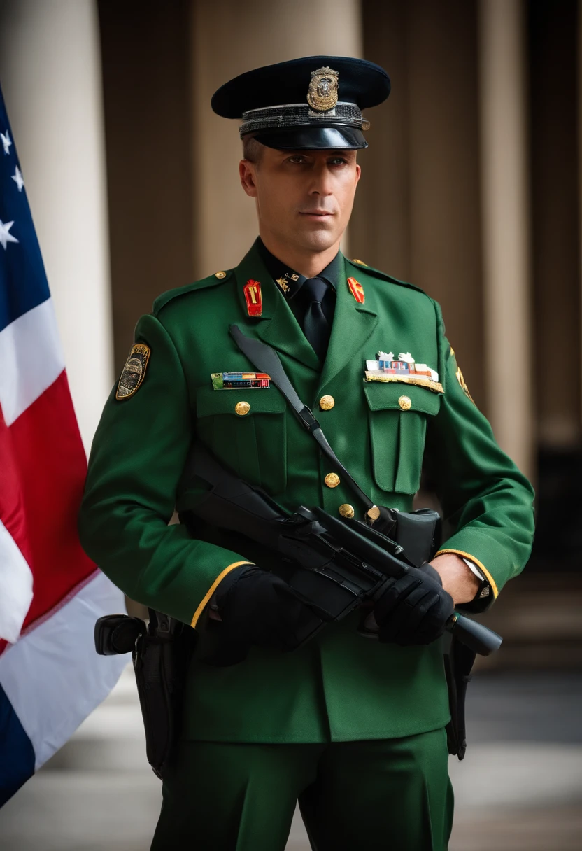 There's a man in a green uniform next to a police car, em uniforme, foto de perfil 1024px, military police, Foto de perfil, em uniforme militar, foto do perfil, em uniforme de soldado, policial, oficial, tiro noturno, not cropped, vestindo uniforme policial, foto de perfil headshot, 1 / 4 headshot, usando uniforme militar