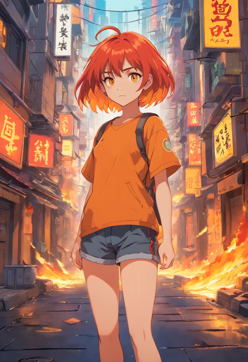 1girl, (masterpiece), fire hair, short hair, Orange eyes, Yellow top, red shorts, cyberpunk city, fire