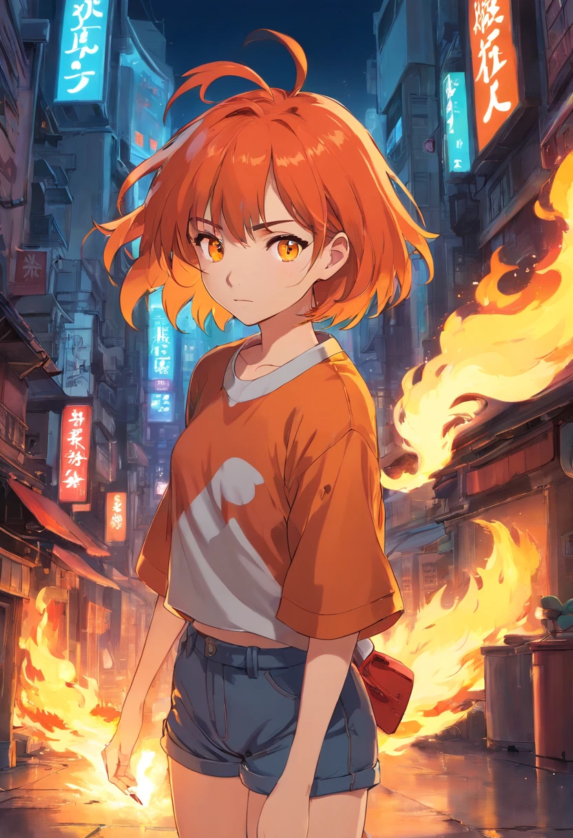 1girl, (masterpiece), fire hair, short hair, Orange eyes, Yellow top, red shorts, cyberpunk city, fire