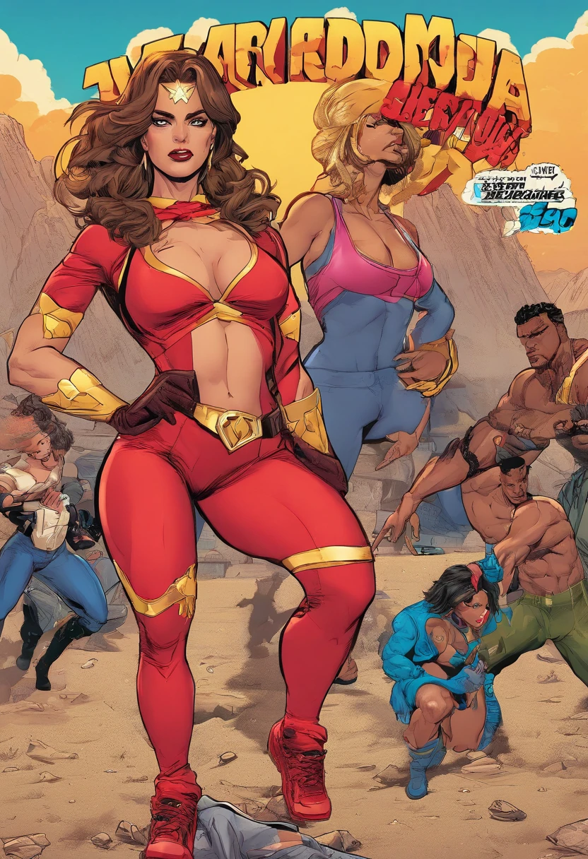 1 Characters from Alafe's fighting game、Big breasts about to burst、thin and long legs,、a blond、Fitness Model、musculature、abdominals、Metallic Red Jacket、Long pants in metallic green、a belt、Five-fingered、Class Chapters、decoration、glistning skin、Cool smile、Pose ready to fight