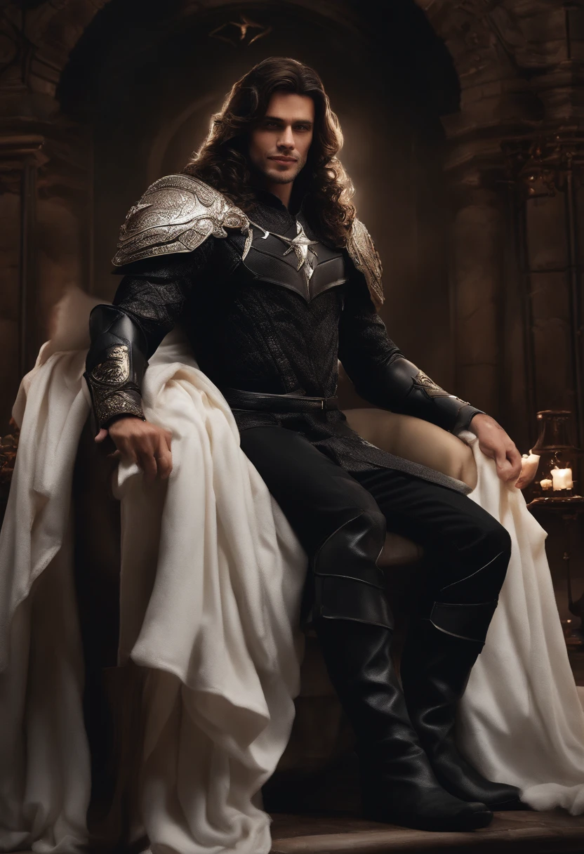 (8k, best quality, master part:), Lúcifer Morningstar, A British male male angel with dark hair, sorriso travesso, Asas flamejantes, diabo, FALLEN ANGEL, Chamas no fundo, Detalhes, terno escuro, tema do clube, 1:1 ratio, sitting on a throne drinking whiskey, Detalhes, Realistic