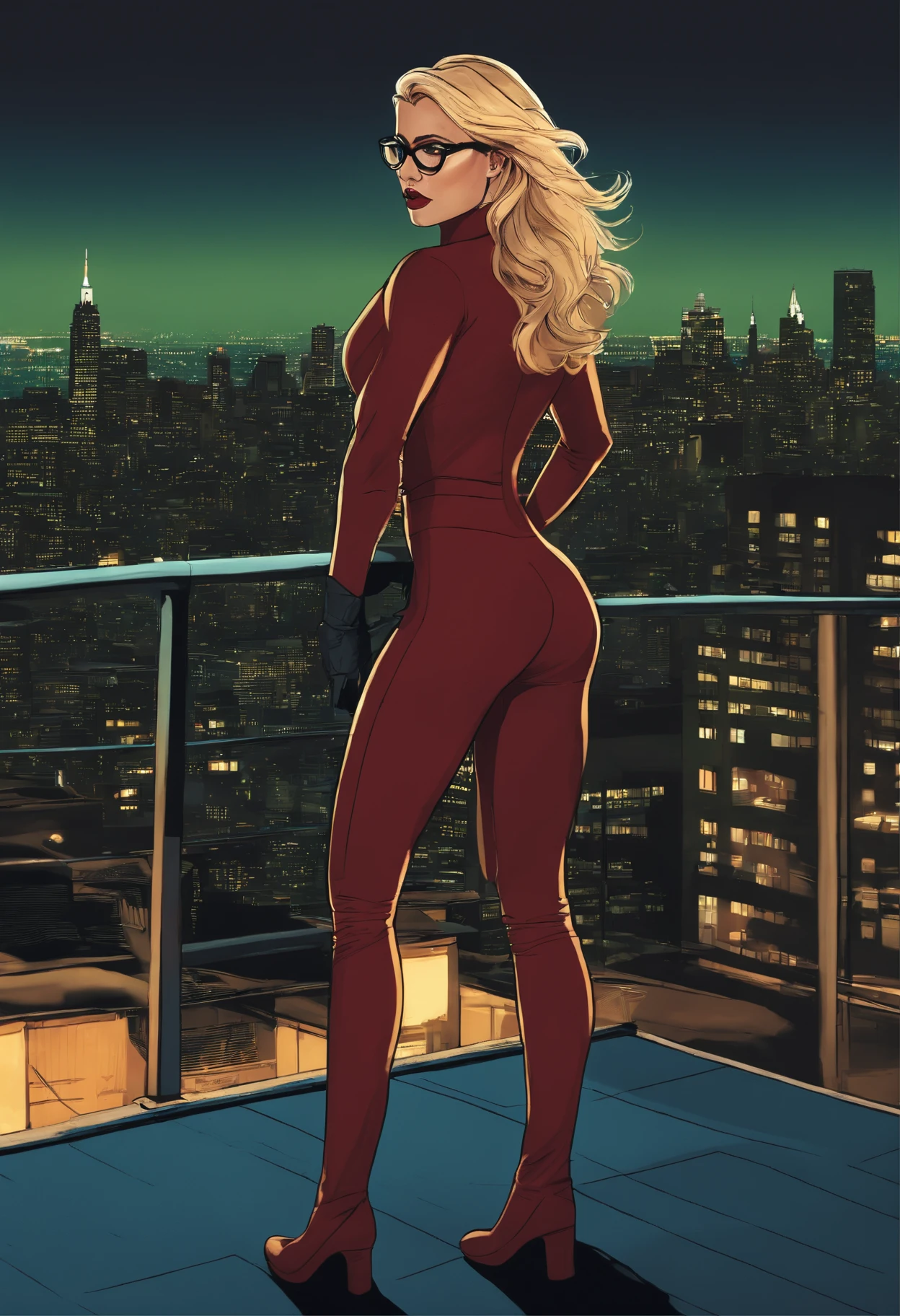 Noises,moonlight,green eyes with glasses, blond hair,super-heroine wearing a tight suit, in a dramatic pose,casting shadows with glowing energy,standing on a rooftop, overlooking the city skyline,proud and confident,with the title "Deborah",in bold letters.