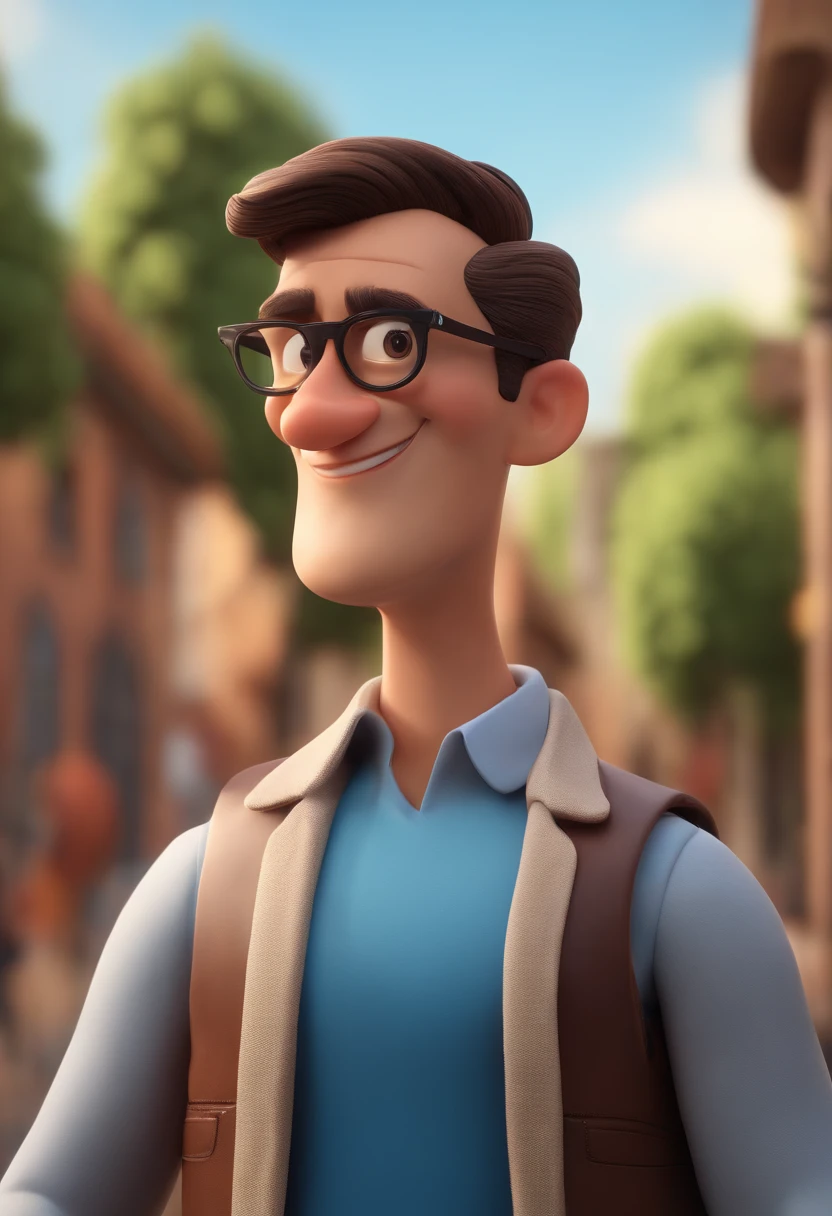 Cartoon character of a man wearing black glasses and a blue shirt, um personagem animado, Caractere estilizado, animation style rendering, 3D estilizado, Arnold Maya render, 3 d render stylized, toon render keyshot, Personagem 3D, Personagem 3D, 3d rendering stylized, 3 d character render, personagem de desenho animado, Personagem de close up, Pose de personagem, (Estilo Pixar) (master part:1.2) (Bokeh) (best quality) (pele detalhada) (textura detalhada) (8k) (argila) (Cinematic lighting) (foco nítido,Senta e vaza a parte superior do corpo