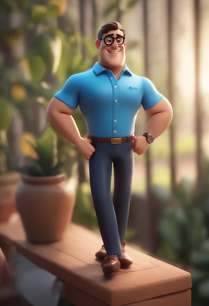 Cartoon character of a man wearing black glasses and a blue shirt, um personagem animado, Caractere estilizado, animation style rendering, 3D estilizado, Arnold Maya render, 3 d render stylized, toon render keyshot, Personagem 3D, Personagem 3D, 3d rendering stylized, 3 d character render, personagem de desenho animado, Personagem de close up, Pose de personagem, (Estilo Pixar) (master part:1.2) (Bokeh) (best quality) (pele detalhada) (textura detalhada) (8k) (argila) (Cinematic lighting) (foco nítido，Senta e vaza a parte superior do corpo