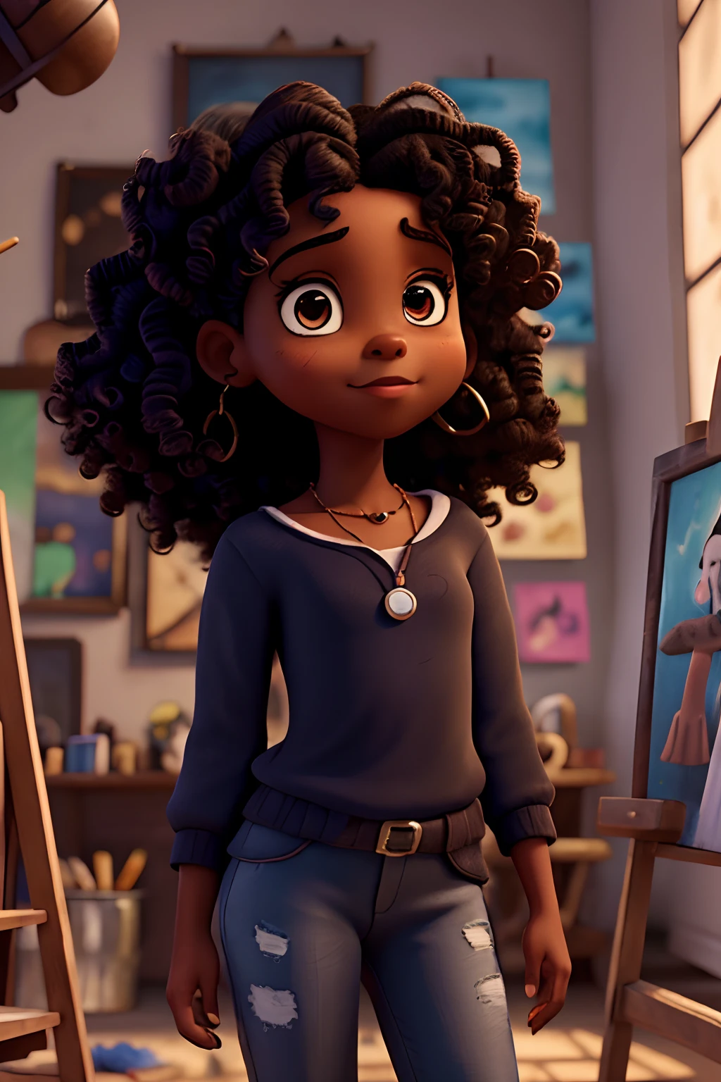 Capa de filme estilo Disney, uma menina preta com olhos castanhos, Dark skin and curly hair working painting pictures and an art studio in the background