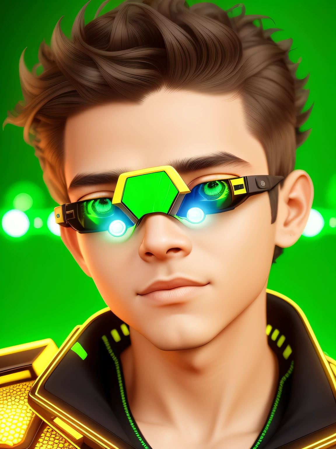 (um menino quatro anos de idade 3.3), Wearing a pair of sunglasses with green lenses, cyber goggles, lente amarela futurista, Lucio de Overwatch, futuristic glasses lenses, Viseira mecha de vidro OLED, retinas brilhantes, Cyber Brilhante - Olhos, next gen, Neon cyborg yellow eyes, Maxwell render, olhos verdes brilhantes, Viseira OLED brilhante, com olhos amarelos brilhantes, cyberpunk eye wear, olhos amarelos do ciborgue