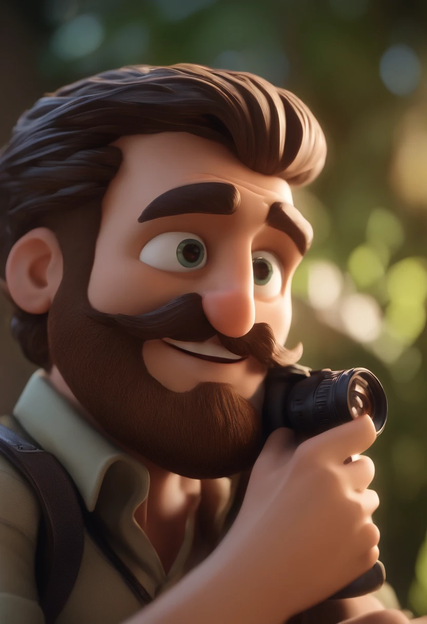 A imagem mostra um homem com barba e bigode um pouco calvo, olhos castanho claro, vestindo uma camisa branca, Do lado de fora, perto de uma cerca. He seems to be smiling and looking at the camera. The man is positioned in front of a building, And there's trees in the background. A cena parece ser capturada em um dia nublado, With the sky visible above man. uma camisa azul, um personagem animado, Caractere estilizado, animation style rendering, 3D estilizado, Arnold Maya render, 3 d render stylized, toon render keyshot, Personagem 3D, Personagem 3D, 3d rendering stylized, 3 d character render, personagem de desenho animado, Personagem de close up, Pose de personagem, (Estilo Pixar) (master part:1.2) (Bokeh) (best quality) (pele detalhada) (textura detalhada) (8k) (argila) (Cinematic lighting) (foco nítido,Senta e vaza a parte superior do corpo
