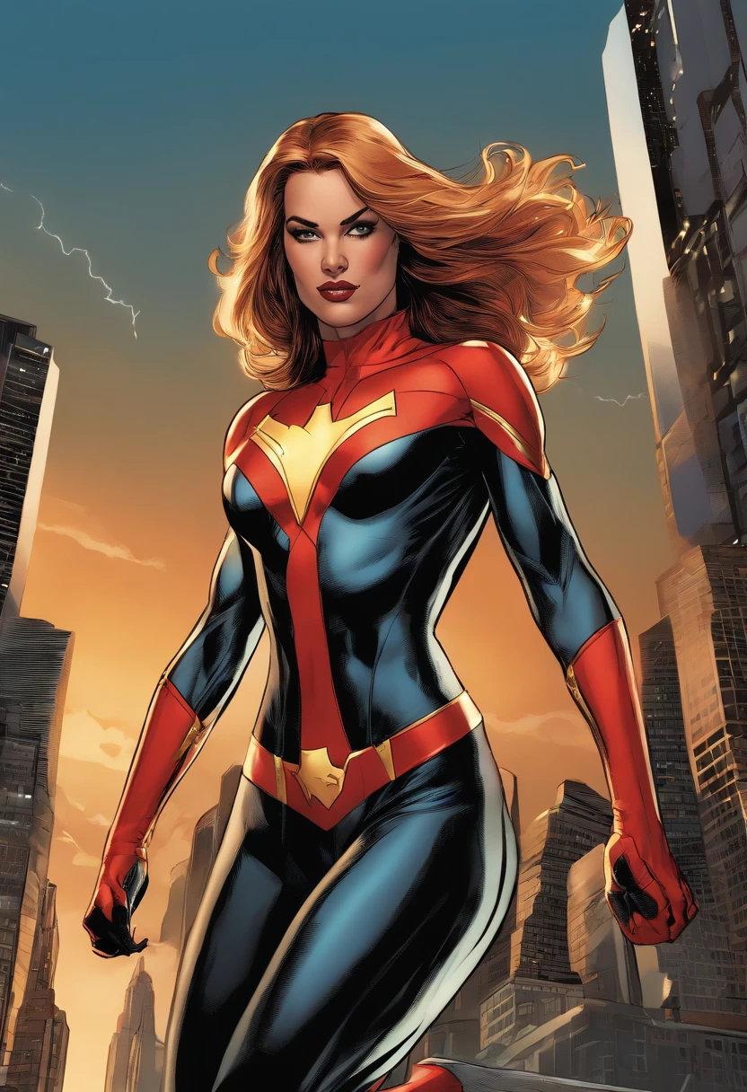 a superheroine wearing a tight suit, (best quality, highres, vivid colors), detailed costume, strong and confident pose, (comic book style:1.1, dynamic, action-packed), (cityscape background, skyscrapers, bustling streets), (superpowers description:1.1, flying, energy blasts), (intense and dramatic lighting), (shiny metallic texture:1.1, sleek and modern design), (long flowing cape), (masked face, piercing eyes), (athletic physique), (captivating and empowering presence)