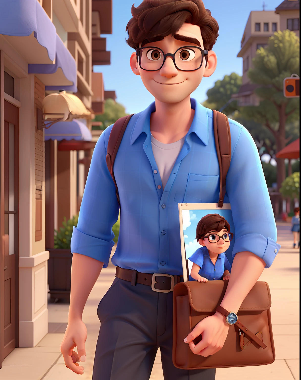 create a pixar-style poster with a man wearing a blue shirt and black glasses, he is accompanied by a woman with short brown hair, a white blouse and white glasses. they are in a park
