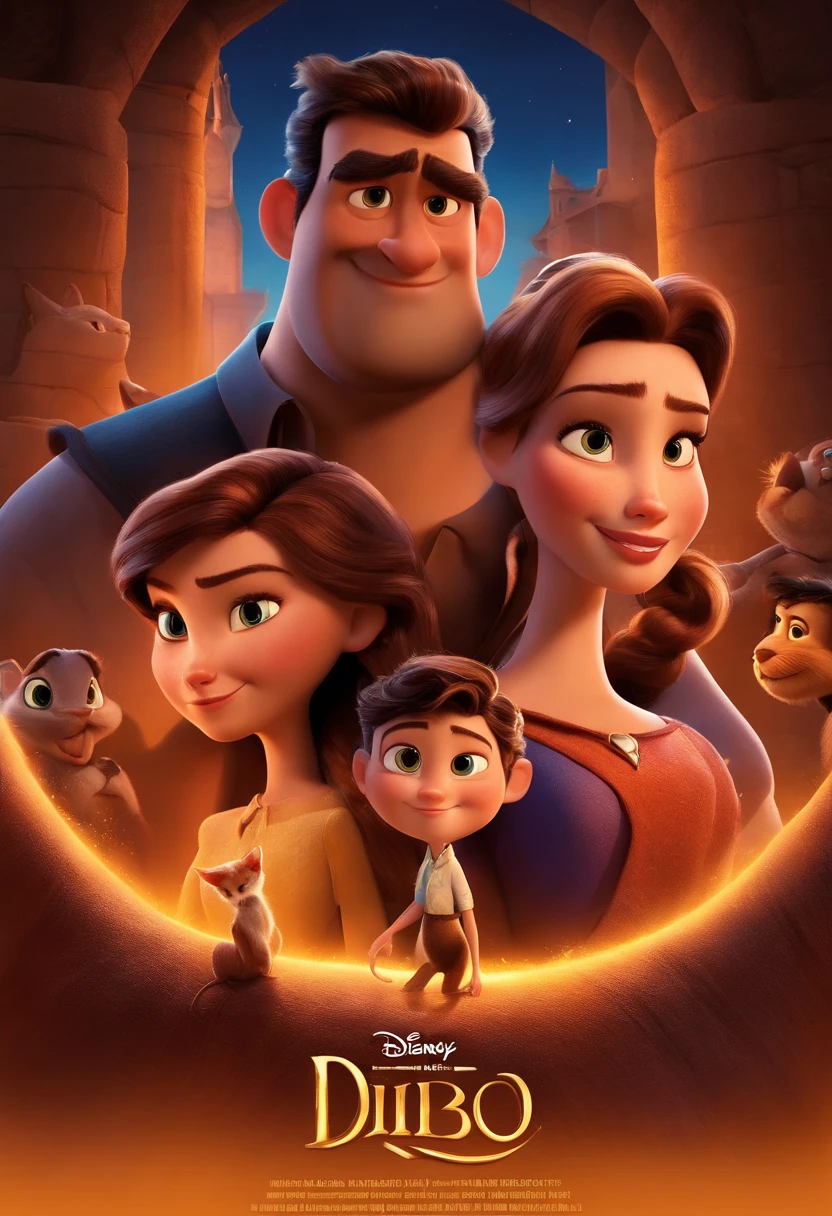 Créez une affiche inspirée des films Disney Pixar, Mettant en scène un couple accompagné d’une fille de taille moyenne aux cheveux bruns foncés, et lisse, Des lèvres pleines et des yeux sombres et un visage idiot avec une fille un chat a poil long noir et marron et aux yeux jaune L’affiche s’intitule 'titi et diablo doit être dans le style Pixar, rappelant un long métrage d’animation.