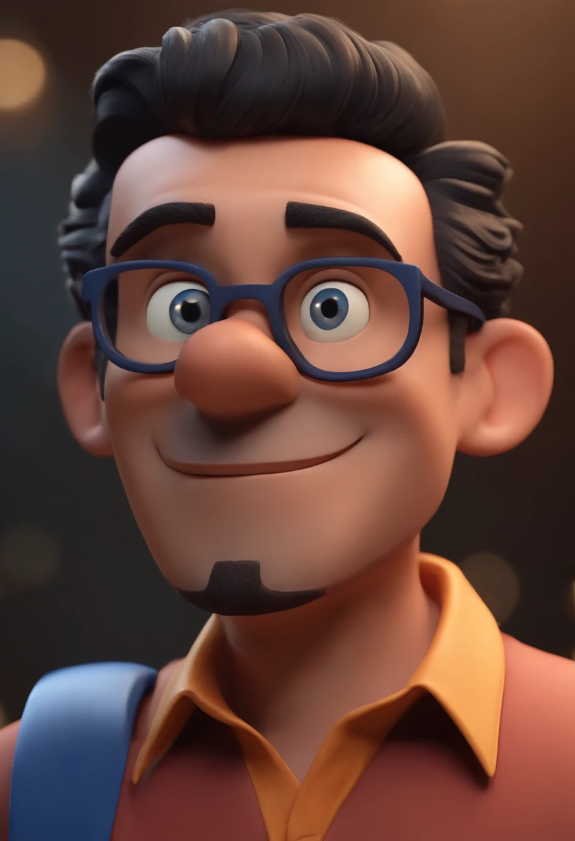 Cartoon character of a man wearing black glasses and a blue shirt, um personagem animado, Caractere estilizado, animation style rendering, 3D estilizado, Arnold Maya render, 3 d render stylized, toon render keyshot, Personagem 3D, Personagem 3D, 3d rendering stylized, 3 d character render, personagem de desenho animado, Personagem de close up, Pose de personagem, (Estilo Pixar) (master part:1.2) (Bokeh) (best quality) (pele detalhada) (textura detalhada) (8k) (argila) (Cinematic lighting) (foco nítido，Senta e vaza a parte superior do corpo