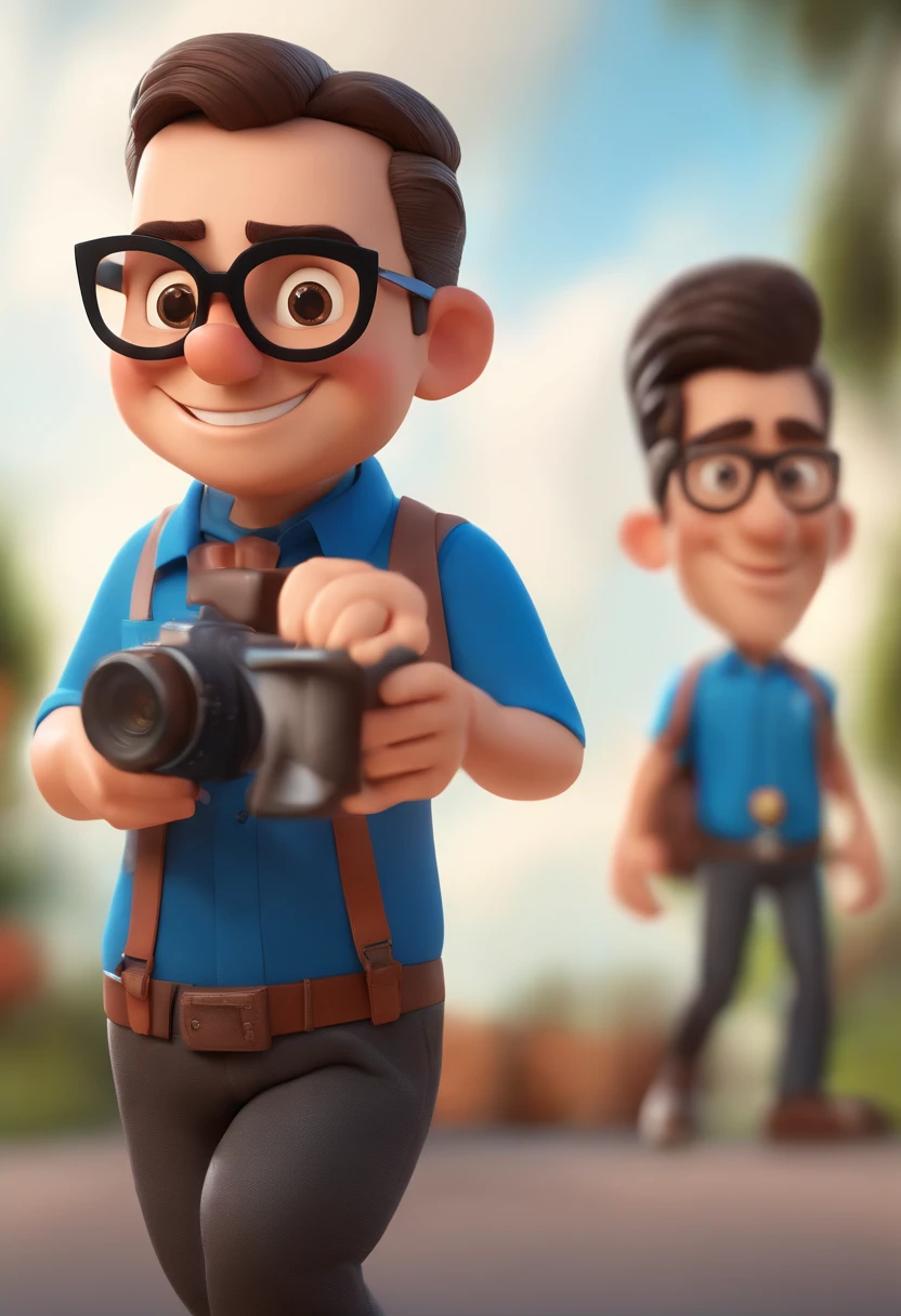 Cartoon character of a man wearing black glasses and a blue shirt, um personagem animado, Caractere estilizado, animation style rendering, 3D estilizado, Arnold Maya render, 3 d render stylized, toon render keyshot, Personagem 3D, Personagem 3D, 3d rendering stylized, 3 d character render, personagem de desenho animado, Personagem de close up, Pose de personagem, (Estilo Pixar) (master part:1.2) (Bokeh) (best quality) (pele detalhada) (textura detalhada) (8k) (argila) (Cinematic lighting) (foco nítido,Senta e vaza a parte superior do corpo