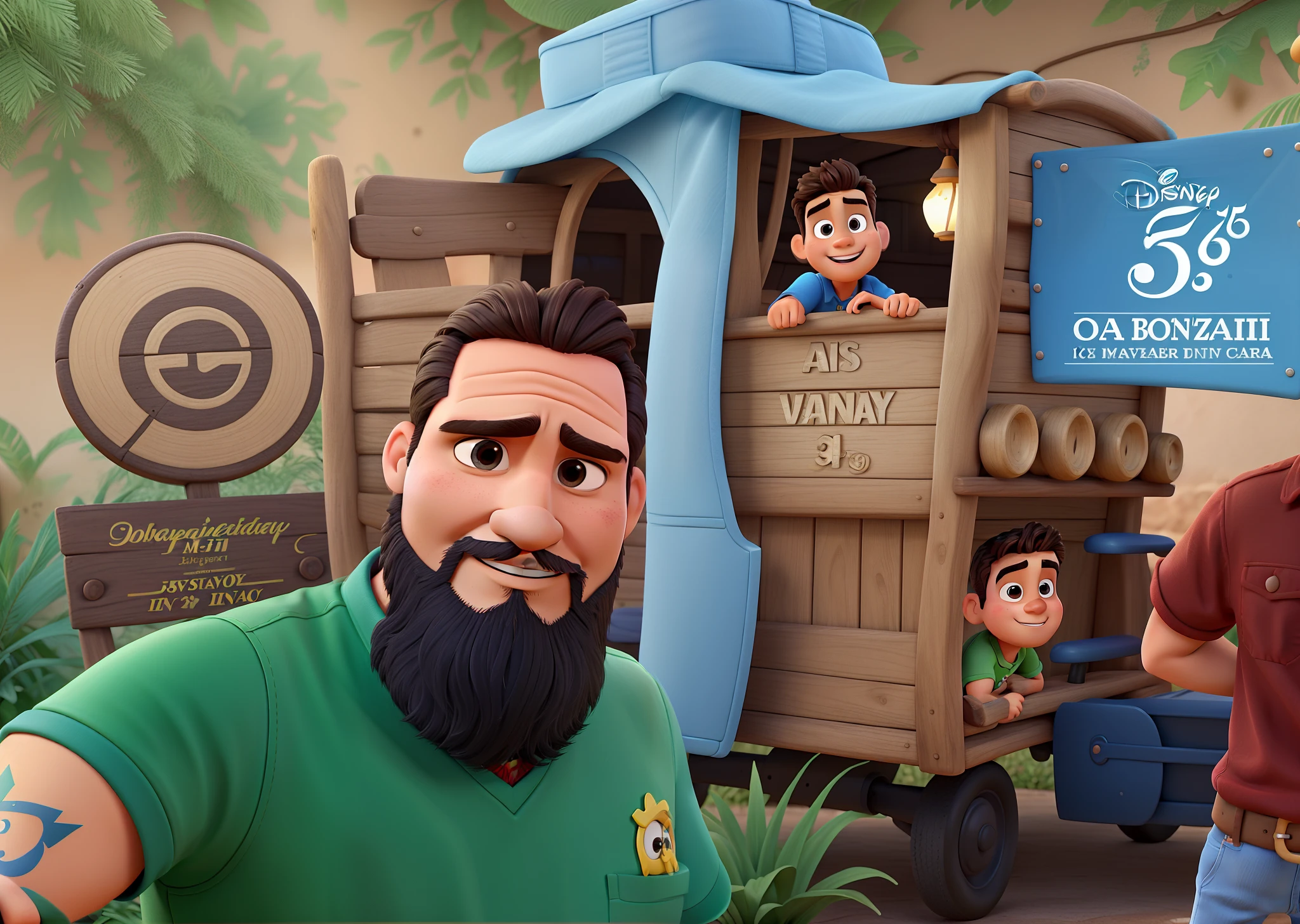 Poster estilo disney pixar. Jovem masculino bonito, brasileiro, Italian descent, 35 anos, cabelos castanhos, cabelos ondulados, olhos castanhos, braba longa grossa e cheia. Sozinho na foto