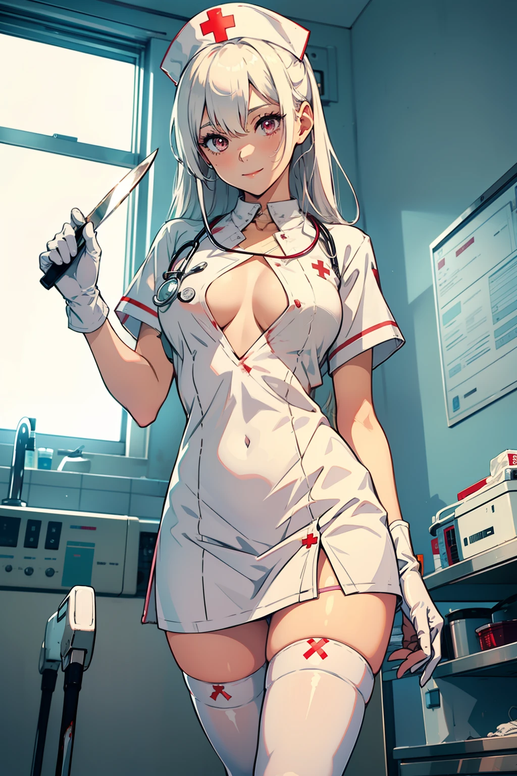 1girl, solo, nurse, nurse cap, white wear, ((white legwear, zettai ryouiki, large chest)), white gloves, white hair, long hair, pink eyes, drooping eyes, smile, standing, ((hospital room)), kitchen knife in hand, blood on knife, stethoscope around neck, sharp outline, short sleeves, best quality, masterpiece