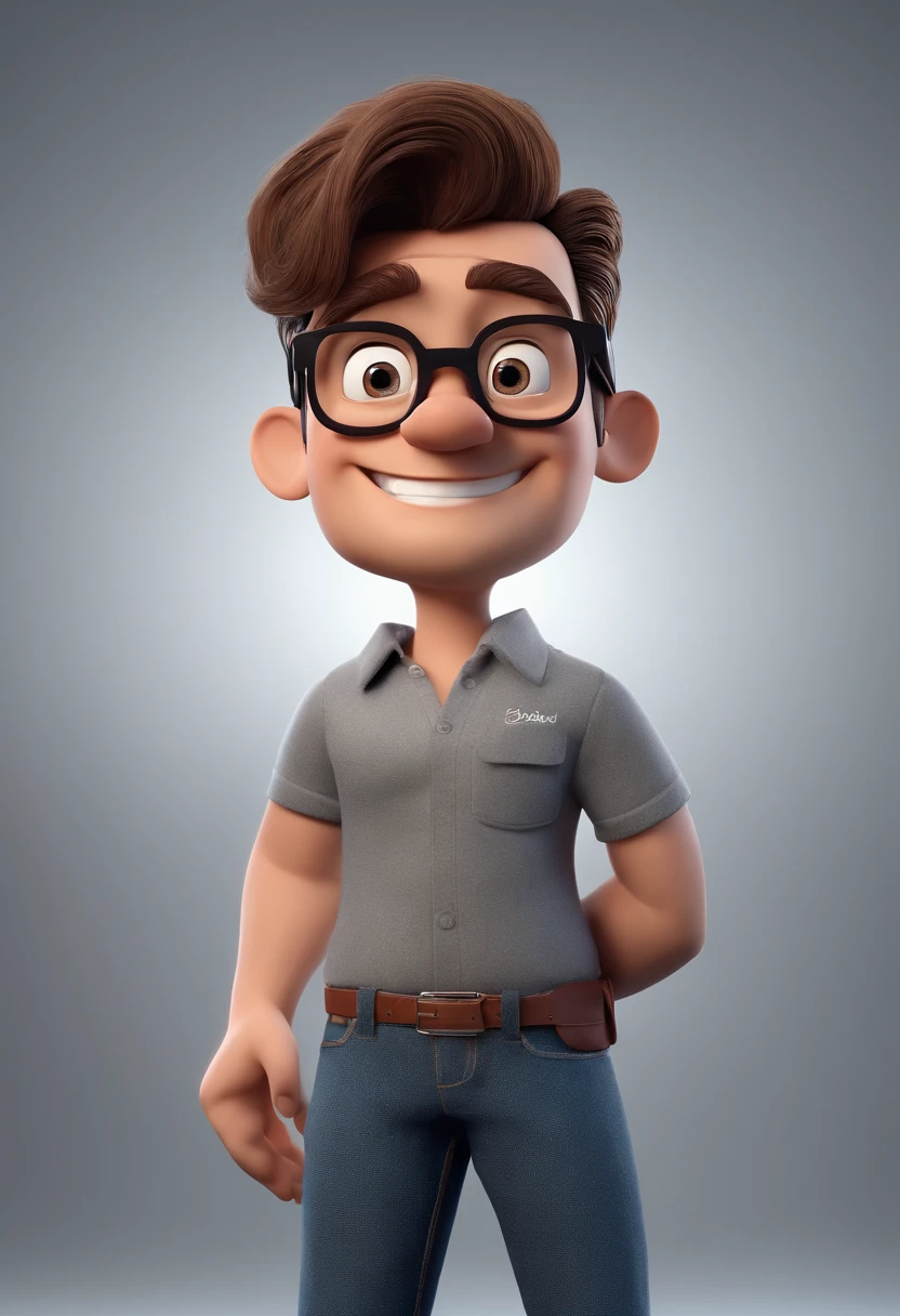 Cartoon character of a man with black glasses and a gray shirt, animation character, Caractere estilizado, animation style rendering, 3D estilizado, Arnold Maya render, 3 d render stylized, toon render keyshot, Personagem 3D, Personagem 3D, 3d rendering stylized, 3 d character render, personagem de desenho animado, Personagem de close up, Pose de personagem,  (Estilo Pixar) (master part:1.2) (Bokeh) (best quality) (pele detalhada) (textura detalhada) (8k) (argila) (Cinematic lighting) (foco nítido