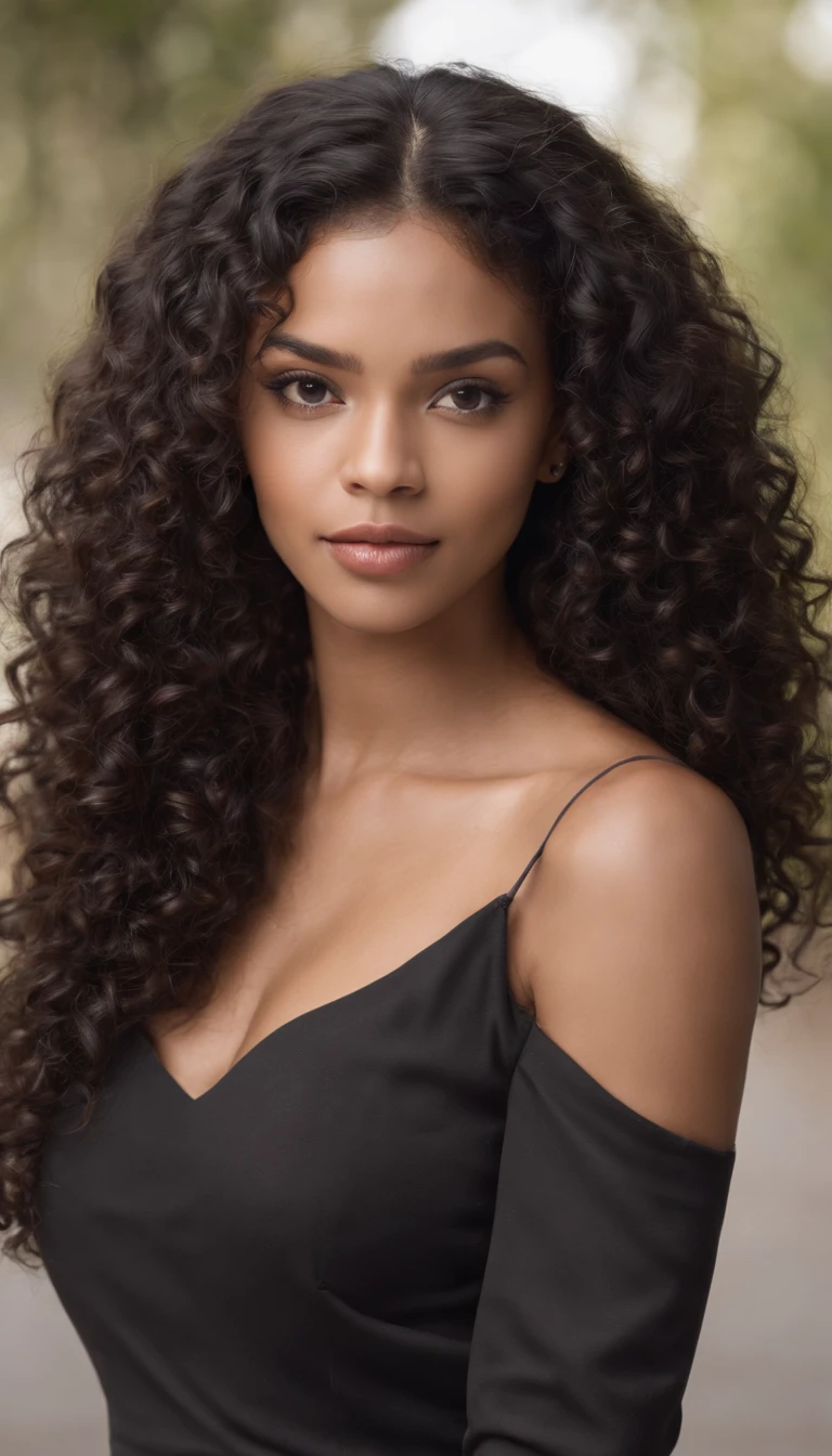 A beautiful and amazing black Brazilian woman,portrait of upper body,Free curls, Black curly hair, (dark shorter curly hair), Wild black long curly hair, multiversal hair, Brazilian, Short black curly hair, Curly black hair, Curls, wavy hair spread out, Baroque curls, curlies, curly, Fair curly hair, Hair texture, curly bang