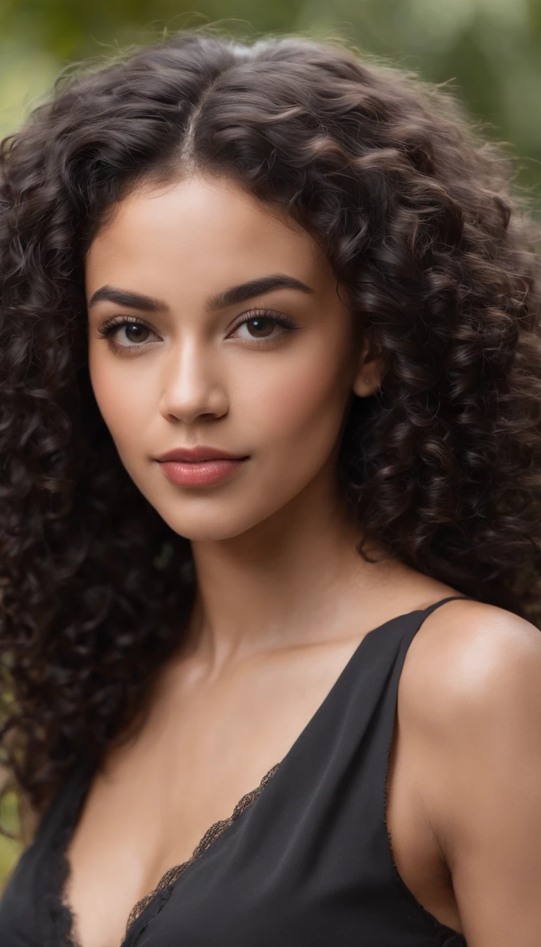 A beautiful and amazing black Brazilian woman,portrait of upper body,Free curls, Black curly hair, (dark shorter curly hair), Wild black long curly hair, multiversal hair, Brazilian, Short black curly hair, Curly black hair, Curls, wavy hair spread out, Baroque curls, curlies, curly, Fair curly hair, Hair texture, curly bang