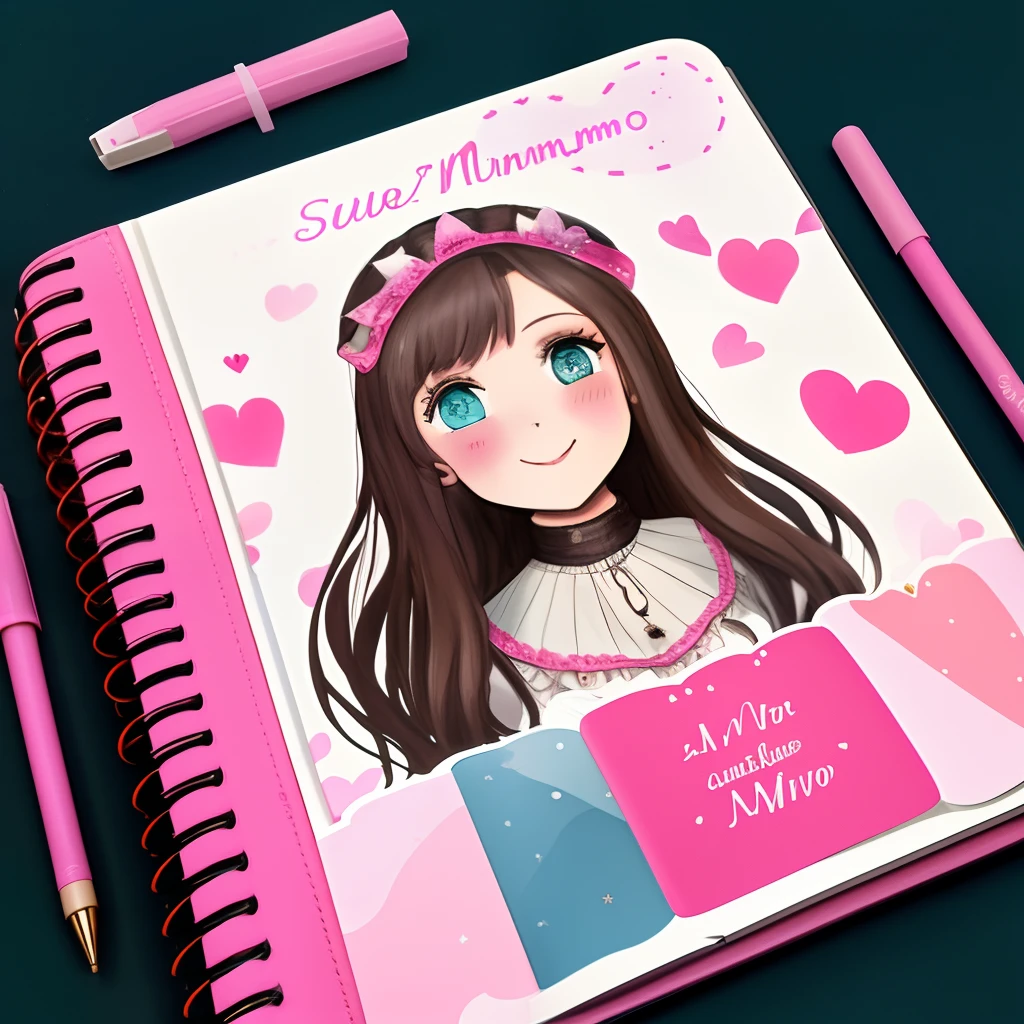 Beautiful girl working as artisan agendas, planners canecas criativas e personalizados de festa. Dark Long Hair Atelier Mimo Stationery Custom & Binding & Sublimation Pink Background