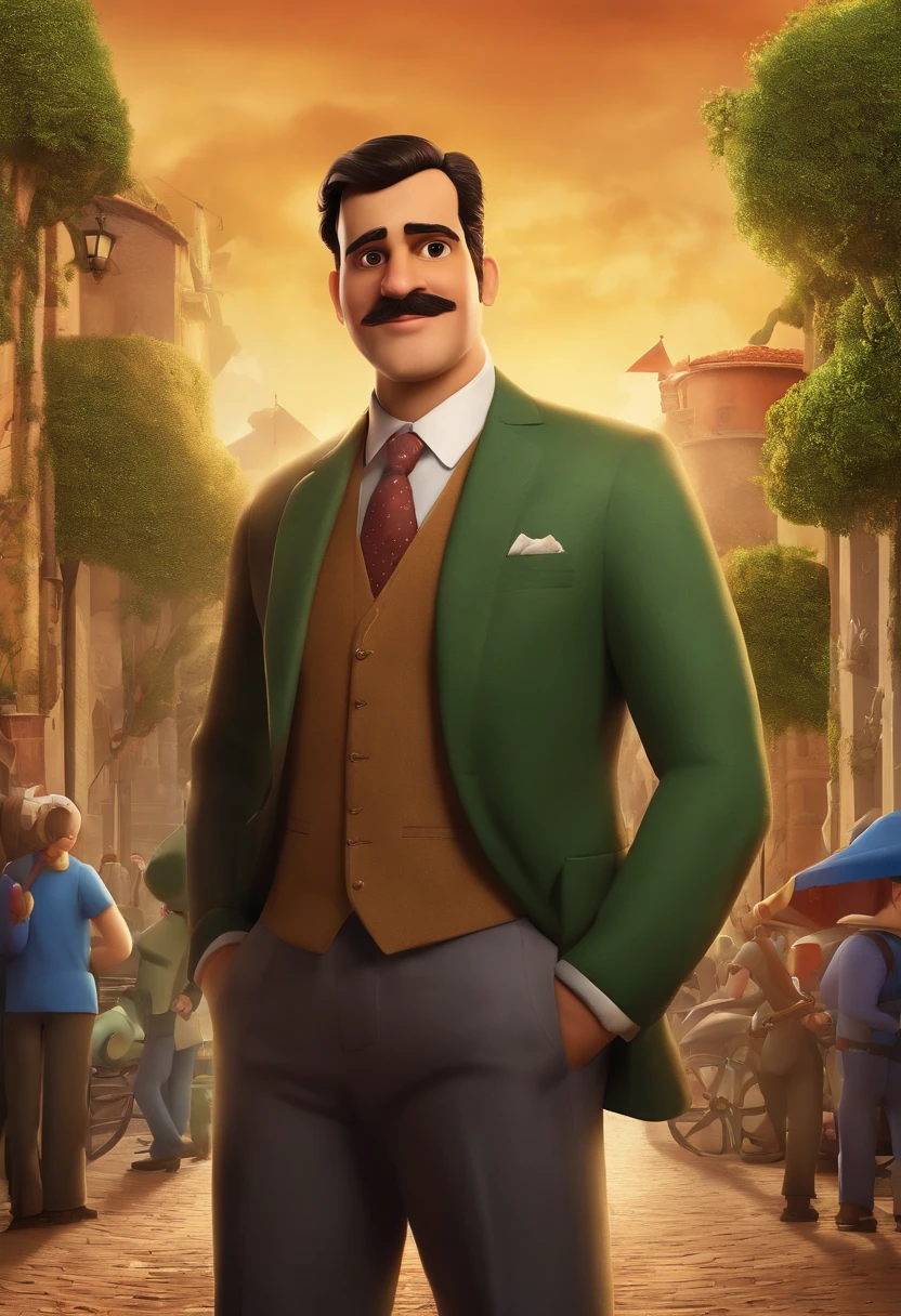 create a Disney-style Pixar movie poster of a tall, beardless and slightly fat man in a suit and tie posing for a photo, looking like David Rios Ferreira, Arauto Ortega, victor maristane, Andres Rios, Eloy Morales, Salustiano Garcia Cruz , Jose Miguel Romano Francisca, juan diaz canales, ignacio fernandez rios, ignacio fernandez rios, luiz escanuela , stands with arms crossed where in the background a city with a wide avenue and behind a square with several trees