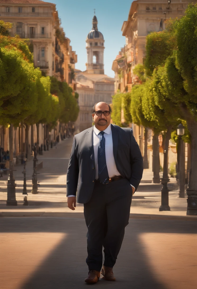 create a Disney-style Pixar movie poster of a tall, beardless and slightly fat man in a suit and tie posing for a photo, looking like David Rios Ferreira, Arauto Ortega, victor maristane, Andres Rios, Eloy Morales, Salustiano Garcia Cruz , Jose Miguel Romano Francisca, juan diaz canales, ignacio fernandez rios, ignacio fernandez rios, luiz escanuela , stands with arms crossed where in the background a city with a wide avenue and behind a square with several trees