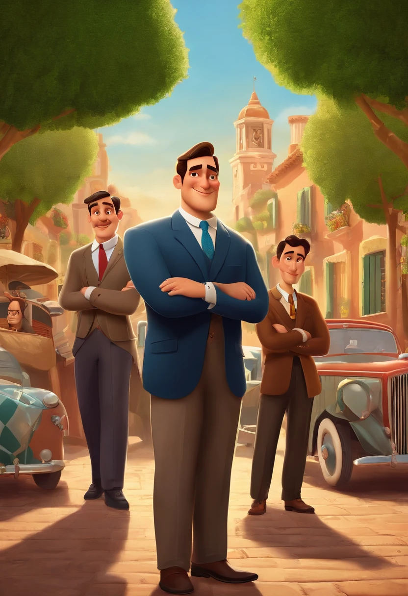 create a Disney-style Pixar movie poster of a tall, beardless and slightly fat man in a suit and tie posing for a photo, looking like David Rios Ferreira, Arauto Ortega, victor maristane, Andres Rios, Eloy Morales, Salustiano Garcia Cruz , Jose Miguel Romano Francisca, juan diaz canales, ignacio fernandez rios, ignacio fernandez rios, luiz escanuela , stands with arms crossed where in the background a city with a wide avenue and behind a square with several trees