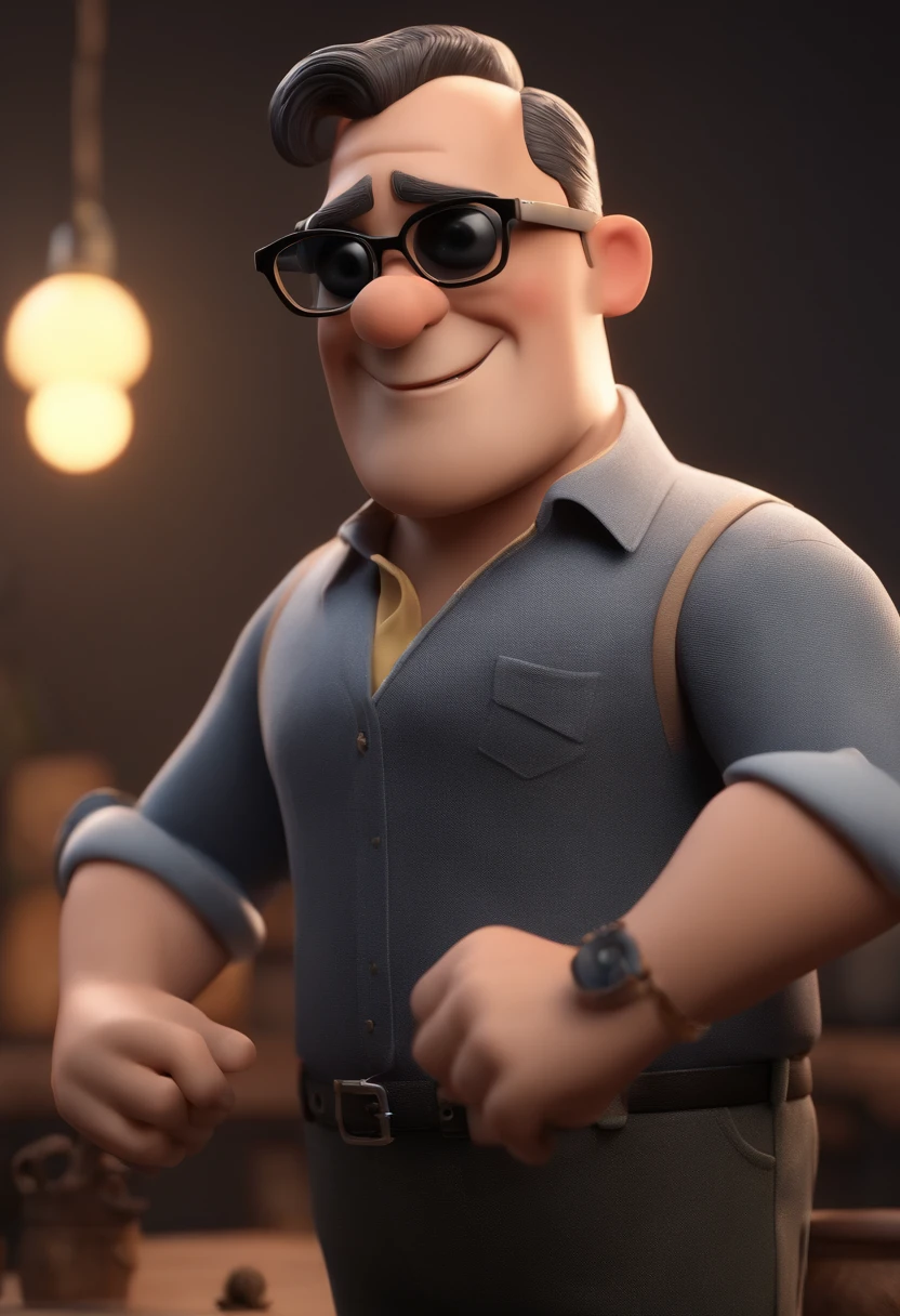 Cartoon character of a man with black glasses and a gray shirt, animation character, Caractere estilizado, animation style rendering, 3D estilizado, Arnold Maya render, 3 d render stylized, toon render keyshot, Personagem 3D, Personagem 3D, 3d rendering stylized, 3 d character render, personagem de desenho animado, Personagem de close up, Pose de personagem,  (Estilo Pixar) (master part:1.2) (Bokeh) (best quality) (pele detalhada) (textura detalhada) (8k) (argila) (Cinematic lighting) (foco nítido