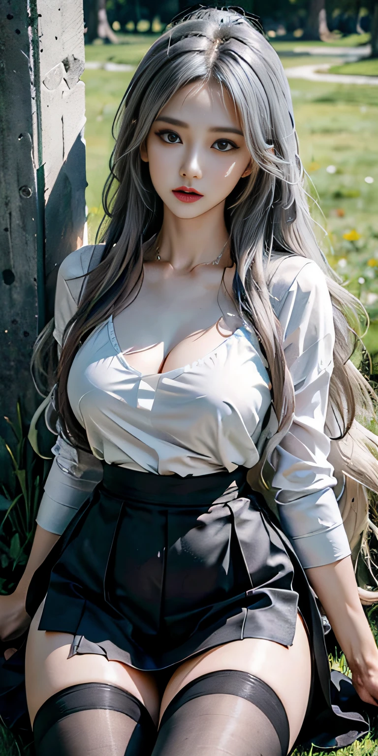 Photorealistic, high resolution, Soft light,1womanl, Solo, Hips up, view the viewer, (Detailed face), Long hair, lying on the grass ground, look from down, Show panties, See panties, secretary_uniform, Black skirt, Pantyhose, tattoo, jewelry,Chest covering