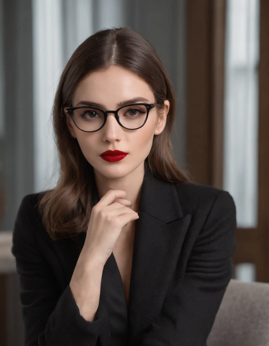Moda dos anos 2023, medium close up, Canon EF 85mm f/1.2L II USM, Uma mulher cabelos castanhos estilo Chanel, castanho escuro, Wearing Black Rectangular Glasses, is sitting with her coffee in an art gallery in Switzerland（hands straight down）， wearing a black jacket and red lips, emphasis on facial expression, Elegance with art