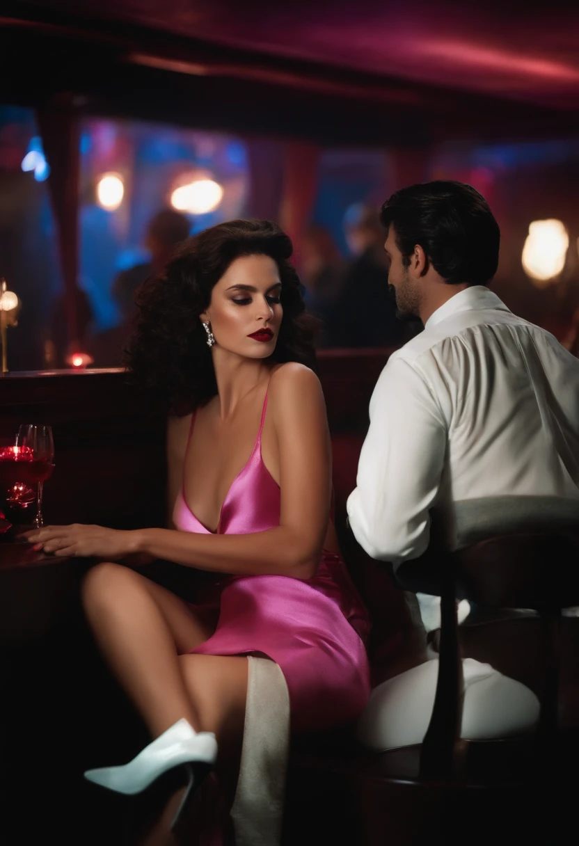 (ela) , Diane Foxington is alone in a nightclub, cercado por figuras borradas. The mood is serious, with a touch of solitude conveyed through his exprelasion. His eyes fixed on the elapector, atraindo-os para a cena.
