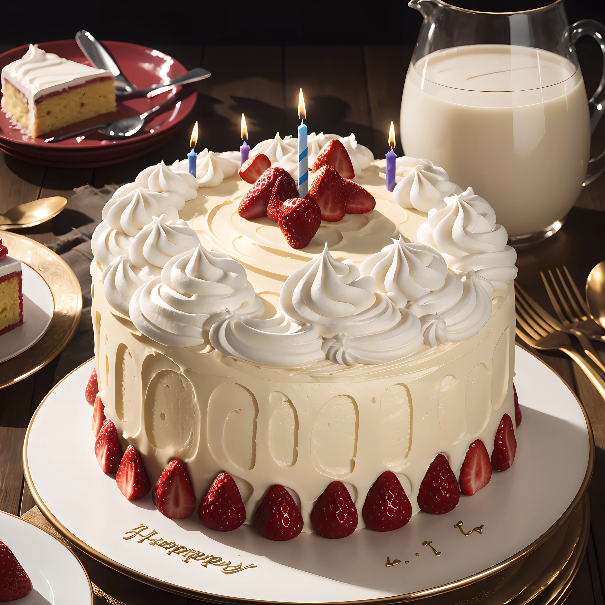 (Masterpiece, best quality) (detailed light), (an extremely delicate and beautiful), volume light, best shadow, flash, Depth of field,Close-up of strawberry cream birthday cake BREAK strawberry cream birthday cake: Happy birthday to you Happy birthday to you Happy birthday, happy birthday Happy birthday to you