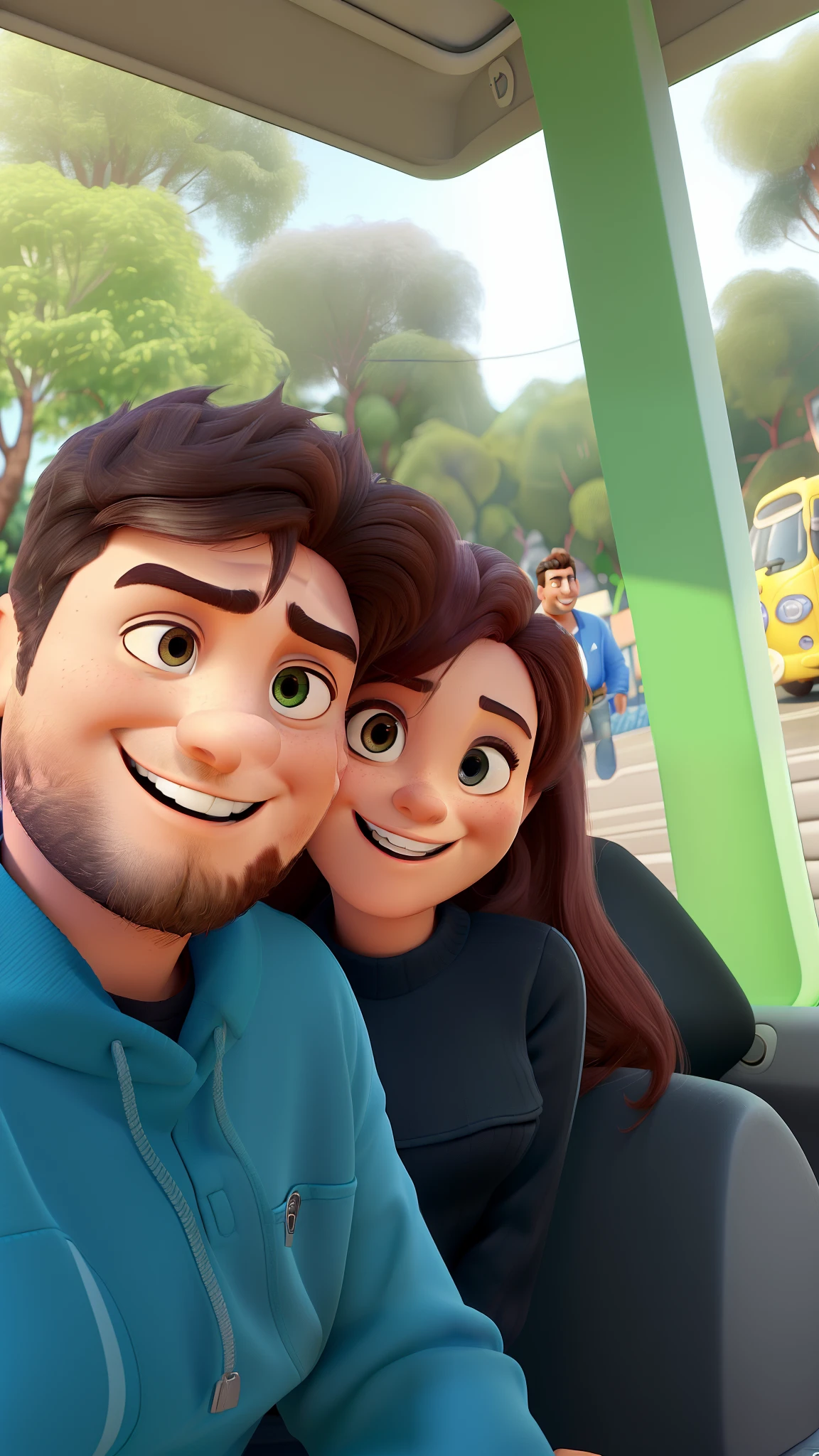 (Pixar style poster of a couple, garota fofa, sorrindo junto com seu marido muito bonito. playful face, (com cabelos castanhos lisos, pele jovem e delicada, expression of laughter, exaggerated expression , Cinematic background with a white van behind. Uma faixa escrito antes de partir , Fotos de alta qualidade, 3D Studio Photos, arte conceitual do personagem, exagero,
