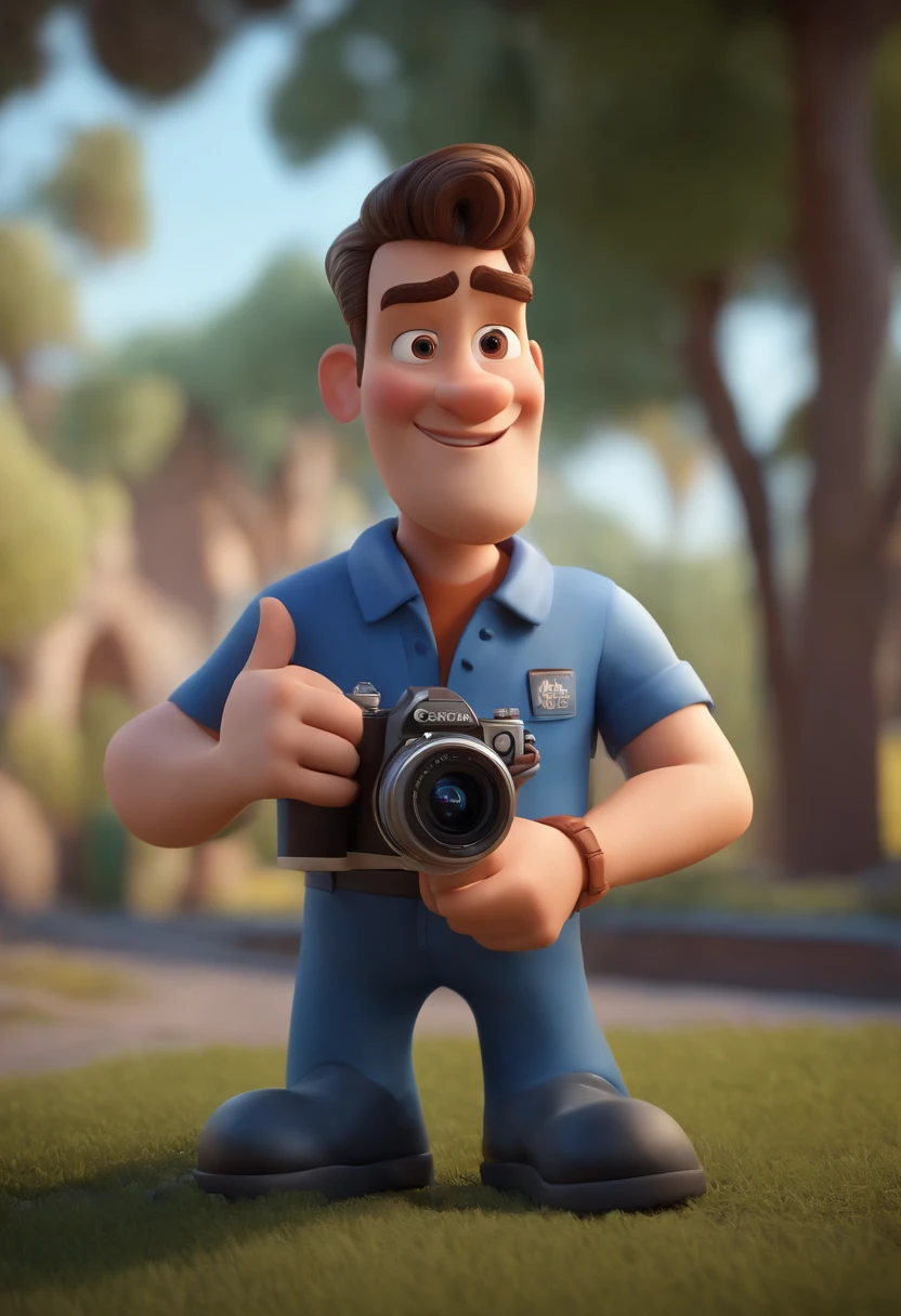 Pixar style of a cartoon character of a man with a small beard, una camisa azul y un blazer azul, Holding a Canon Brand Camera Animation Character, stylized character, Rendering animation styles, 3D estilizado, Arnold Maya render, 3D render estilizado, Toon renderizar keyshot, Personaje 3D, Personaje 3D, Renderizado 3D estilizado, Renderizado de 3 caracteres D, Personaje de dibujos animados, Personaje de primer plano, Pose del personaje, (estilo pixar) (Pieza maestra:1.2) (Bokeh) (La mejor calidad) (Piel detallada) (Textura detallada) (8k) (arcilla) (cinematic lighting) (foco nítido
