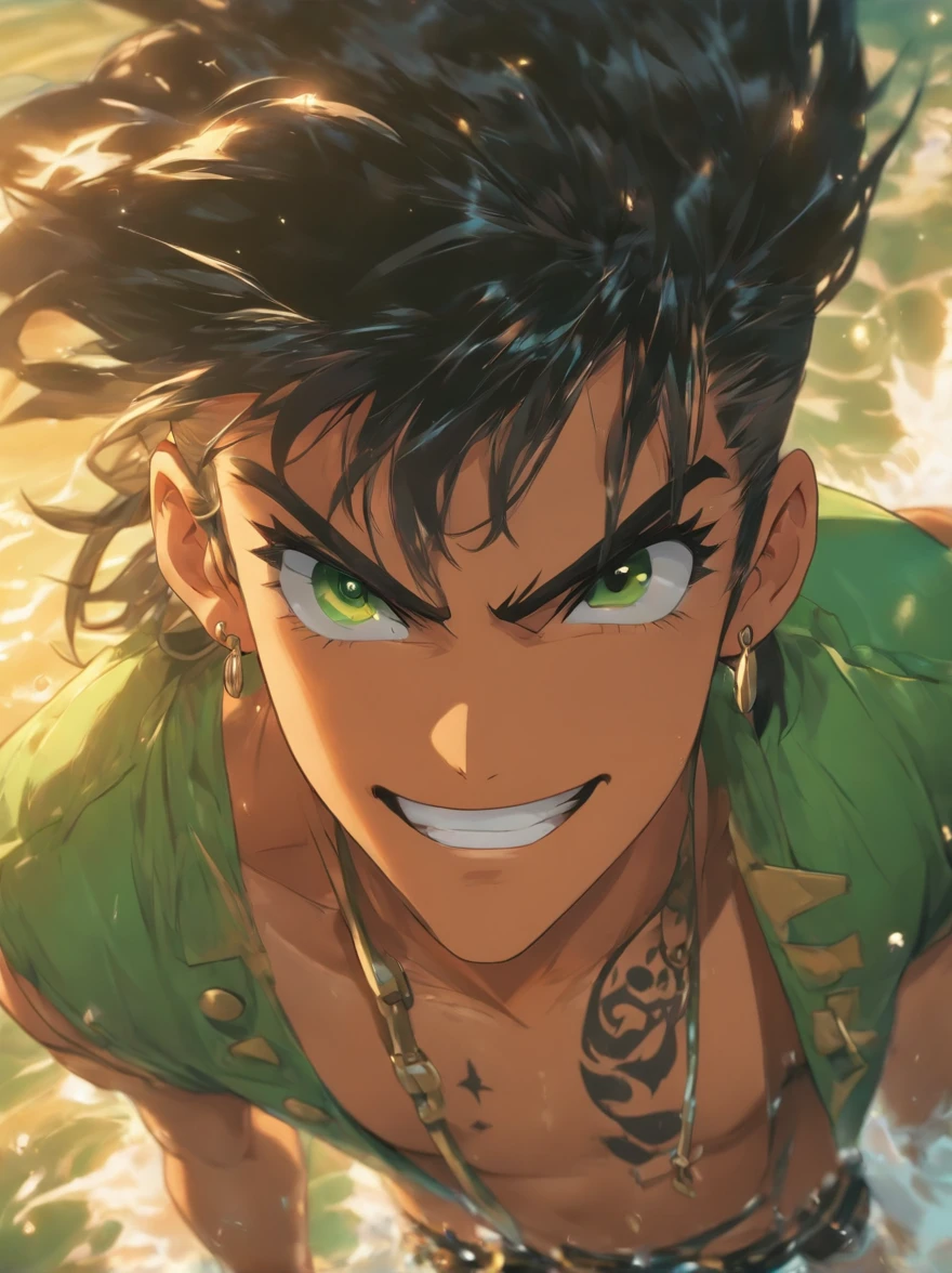 femboy pirate winking suggestively. jet black hair with side shaved haircut. Pale, blemish-free skin. large green eyes. wearing only latex running shorts from the 80's, no shirt. male, flat chest. huge nipples