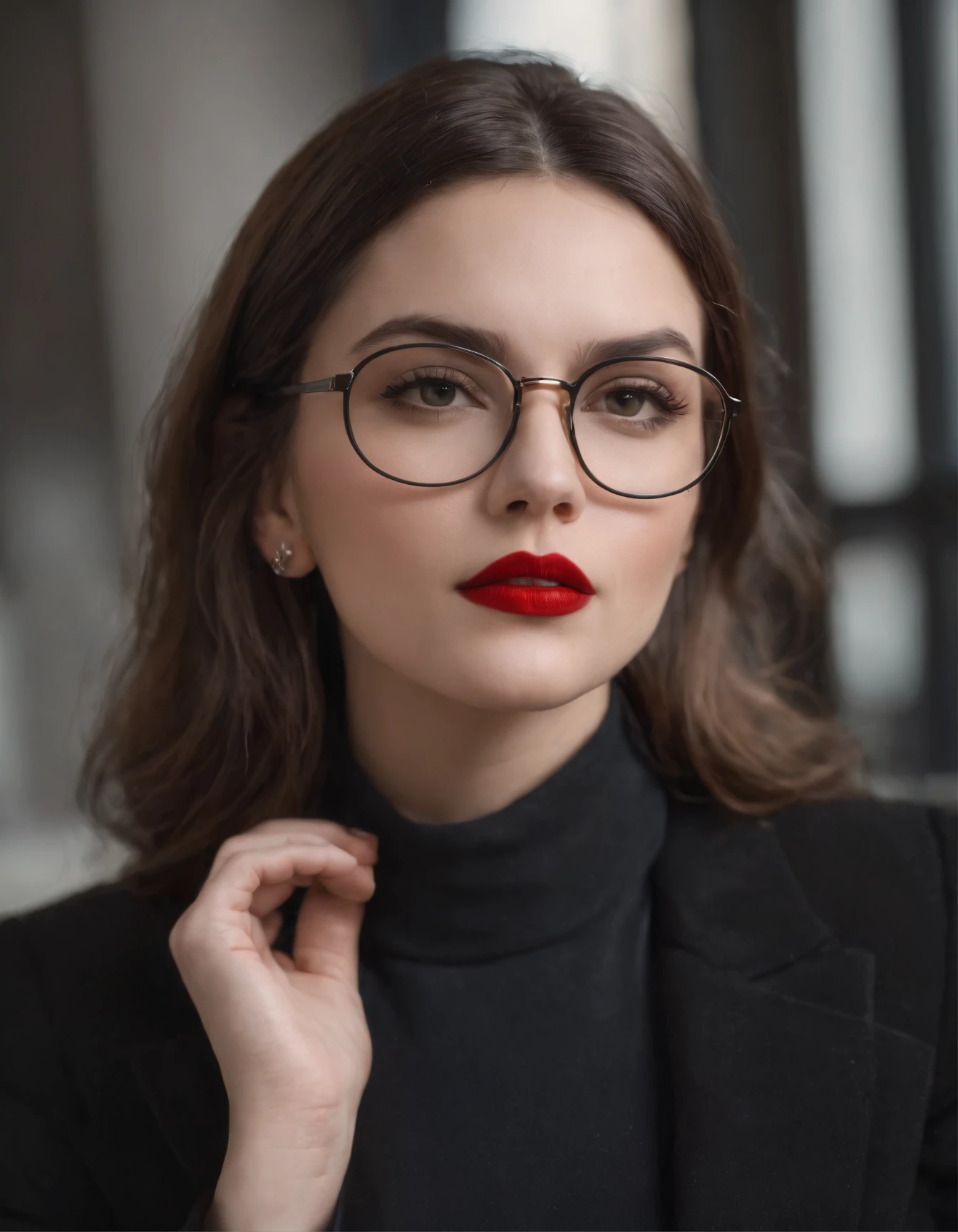Moda dos anos 2023, medium close up, Canon EF 85mm f/1.2L II USM, Uma mulher cabelos castanhos estilo Chanel, castanho escuro, Wearing Black Rectangular Glasses, is sitting with her coffee in an art gallery in Switzerland（hands straight down）， wearing a black jacket and red lips, emphasis on facial expression, Elegance with art