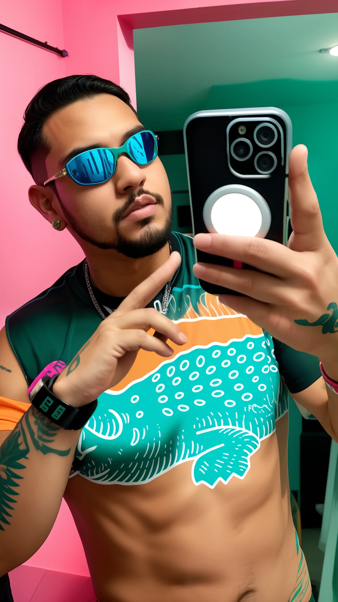 there is a man taking a selfie in a mirror, imagem de qualidade muito baixa, inspirado em Eddie Mendoza, Tons de verde, foto de perfil 1024px, Usando tatuagens shipibo, wearing versace sunglasses, 🤬 🤮 💕 🎀, mana shooting from his hands, pele de cor verde!!, Streamer do Twitch / Jogador Ludwig, Atarracado, aesthetic shot