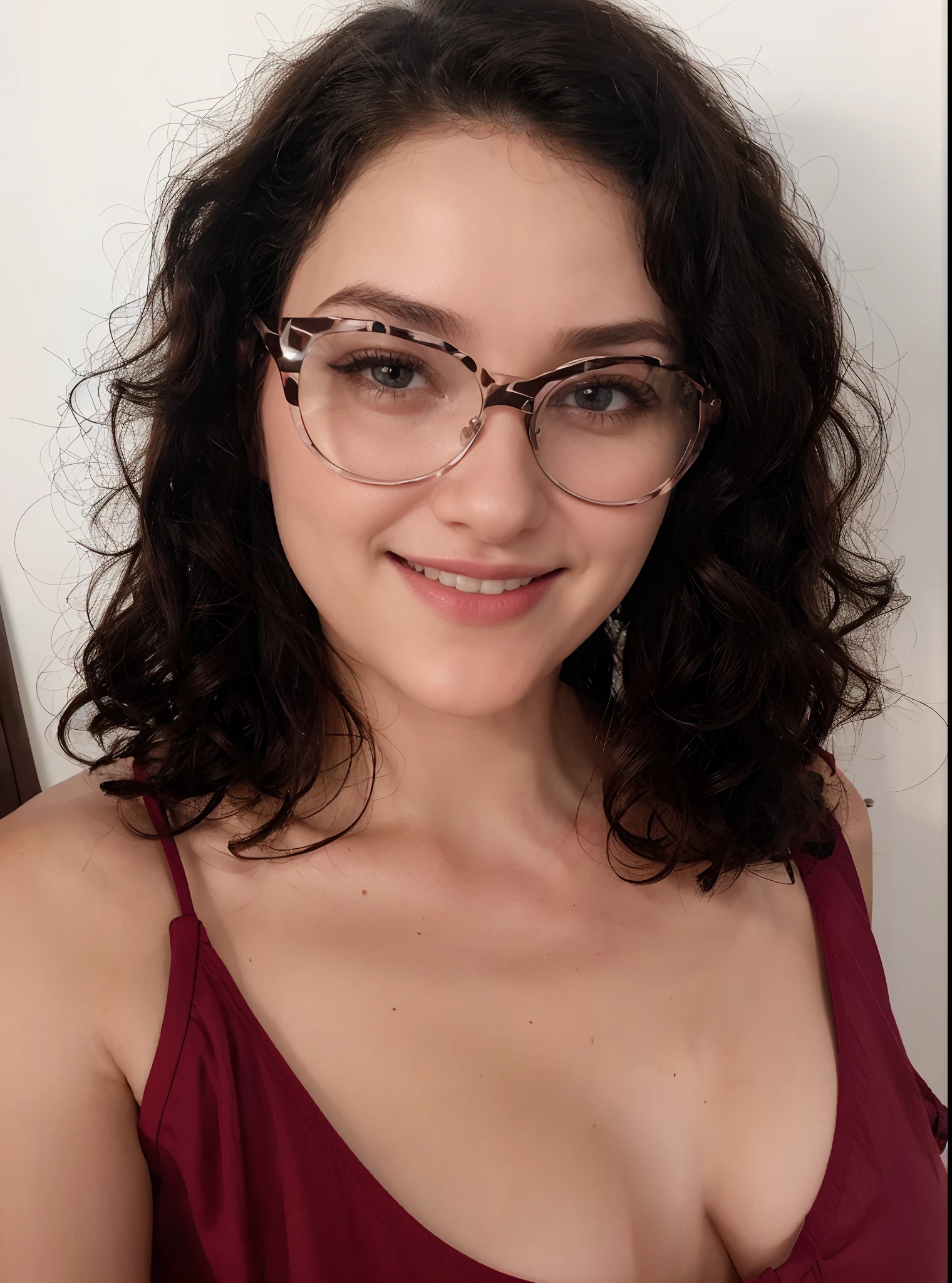 Pixar style image with 3D character white glasses brunette woman short curly hair dancing, Maquiagem Disney,Pescador, bonitinho, sorridente ,Close-up, Pixar, Disney, Cinema lighting,