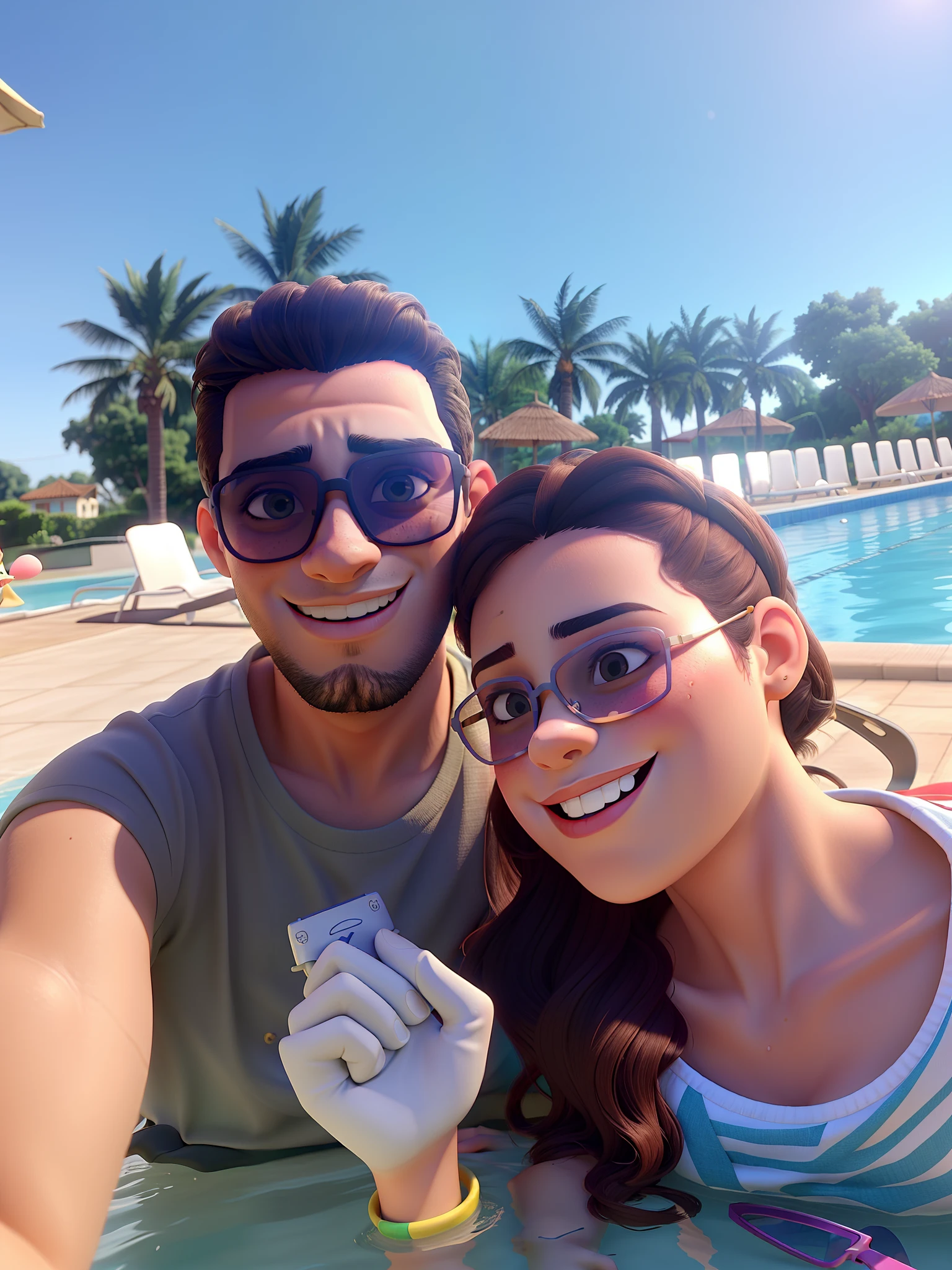 Casal a borda de uma piscina em dia de sol, He had sunglasses on his face and she had the glasses on top of her head, are happy