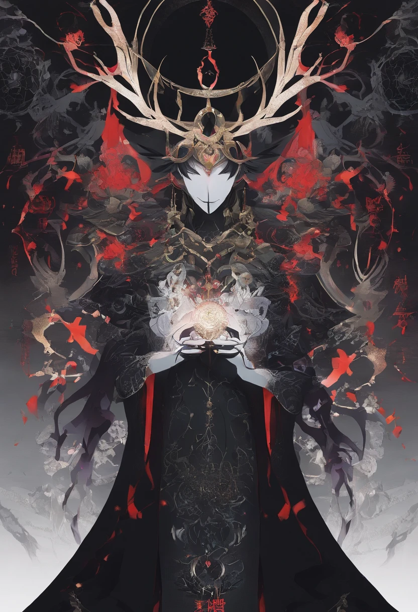 Tsukiyami is a boy, of medium height and imposing physical constitution. Her appearance reflects an aura of authority and charisma, What Makes You a Compelling Leader. He is often seen wearing dark, ornate clothing, suitable for sinister rituals and obscure ceremonies. The most distinctive part of his appearance is the ritualistic mask he wears. The mask is carved in the shape of a deer, com chifres retorcidos que se erguem para cima. The mask covers much of Tsukiyami's face, leaving only your eyes visible through slits. Tsukiyami's eyes are piercing and intense, with irises that seem to trap light in a disturbing glow. They reflect a fanatical determination and a deep conviction in their dark beliefs. Their eyes are often described as hypnotic, capazes de cativar e convencer seus seguidores. Tsukiyami also carries with him a sinister presence and an aura of mystery, que o tornam uma figura dominadora e aterrorizante na narrativa. His appearance is a combination of dark and mysterious elements that help him maintain his grip on the sect and inspire devotion among his followers. ele tem um grande cabelo negro
